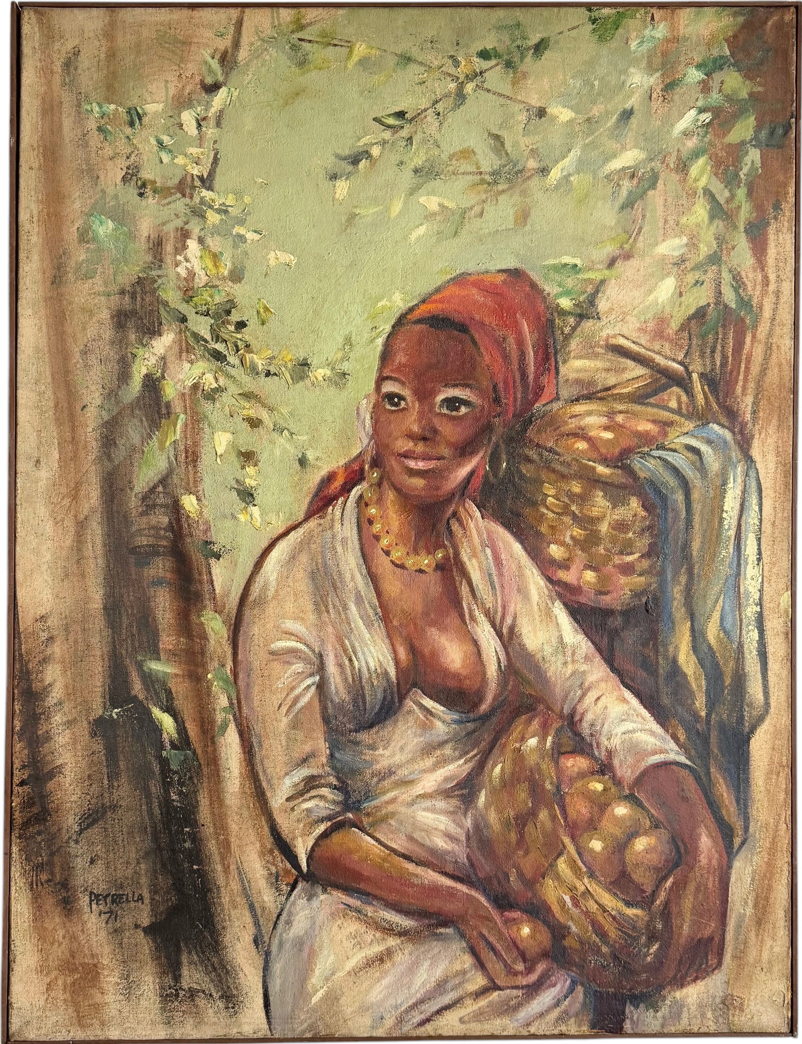 Monumental Portrait Of A Caribbean Woman, Signed Petrella: Oil on canvas 56 x 46 in