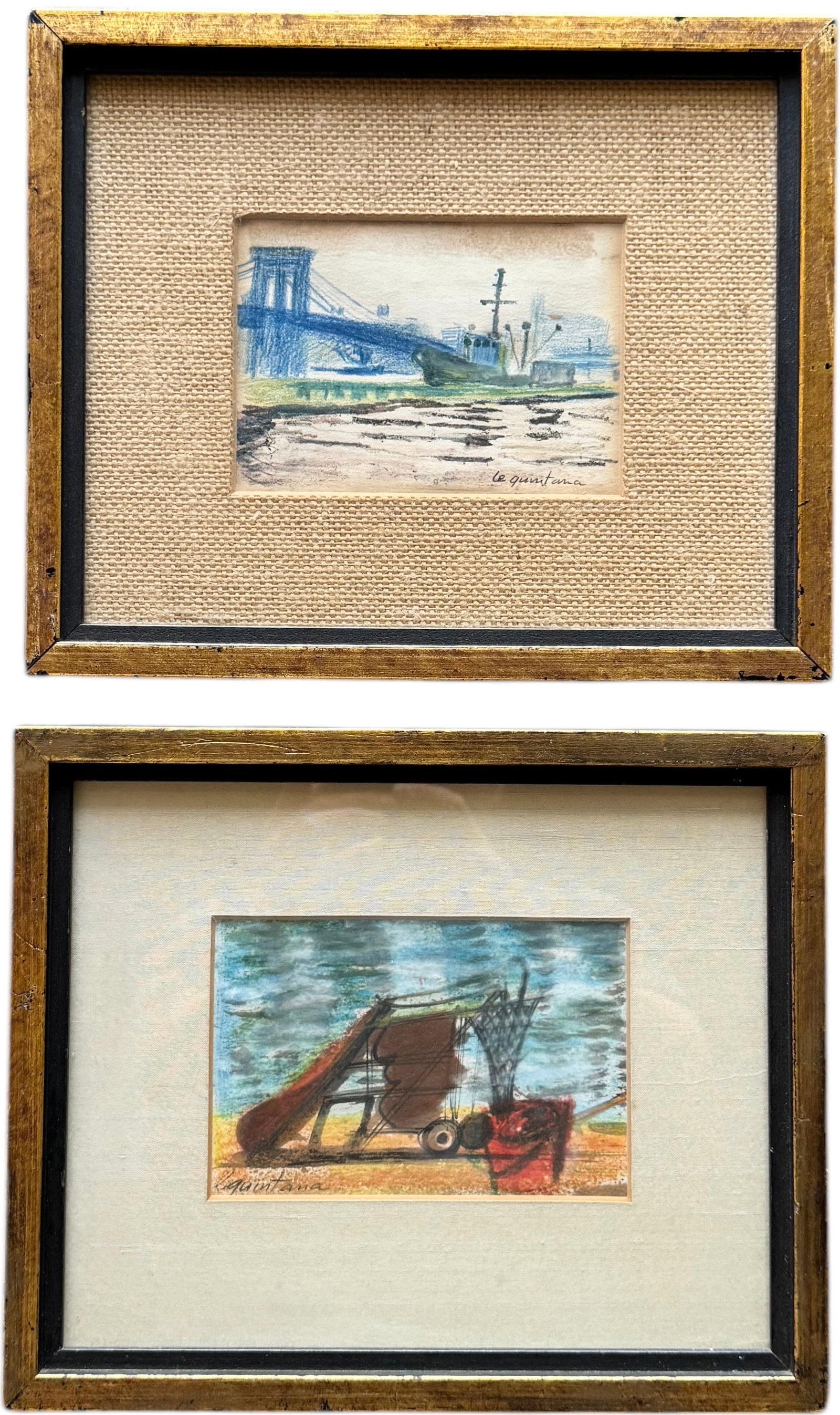 Le Quintana, Pair Of Drawings New York City Bridge Scenes: Size 11 1/4 x 9 1/4 in (framed)