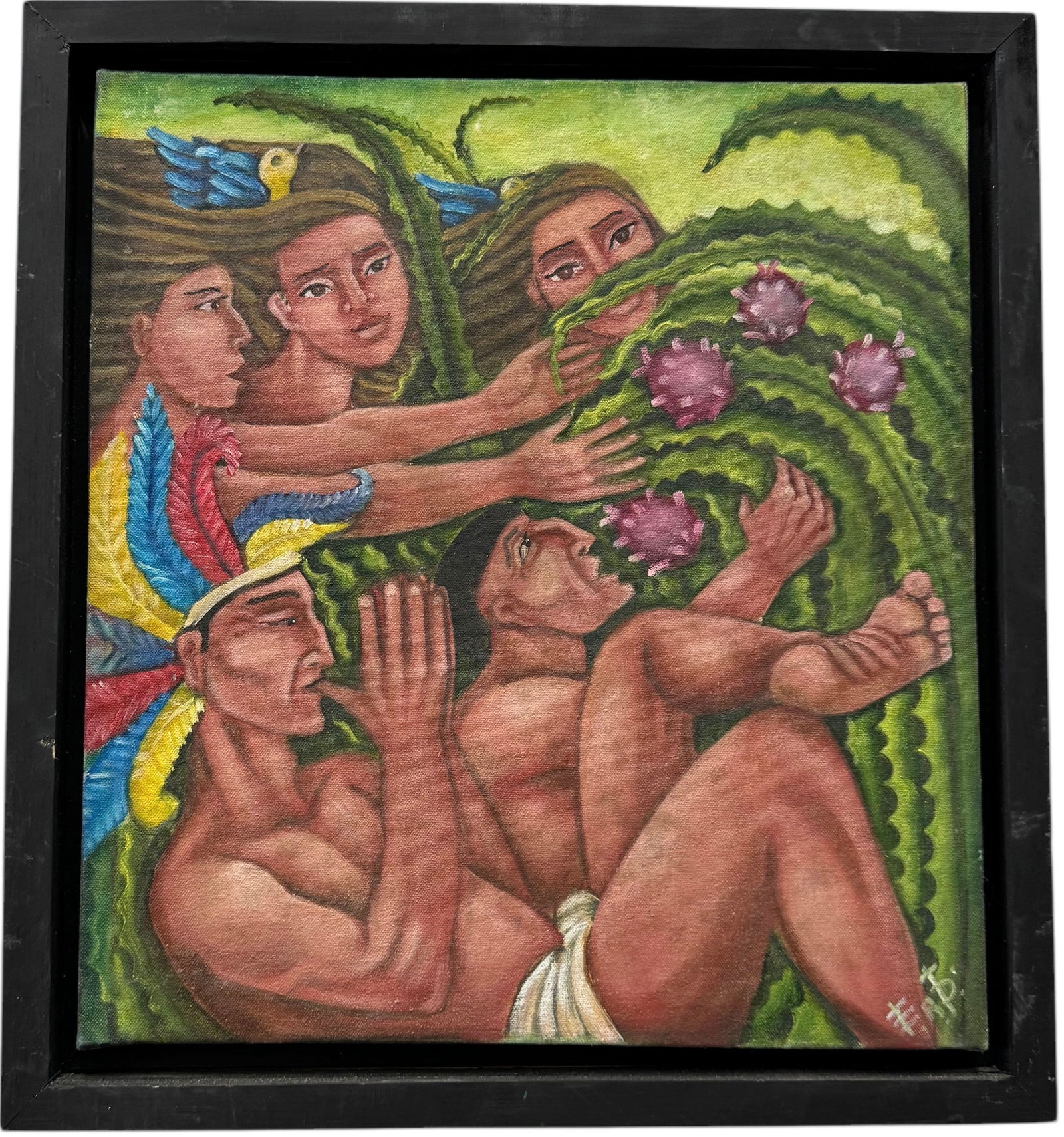 Mexican Modernist Painting With Figures, Mayan Motif Signed Verso (1 of 3)