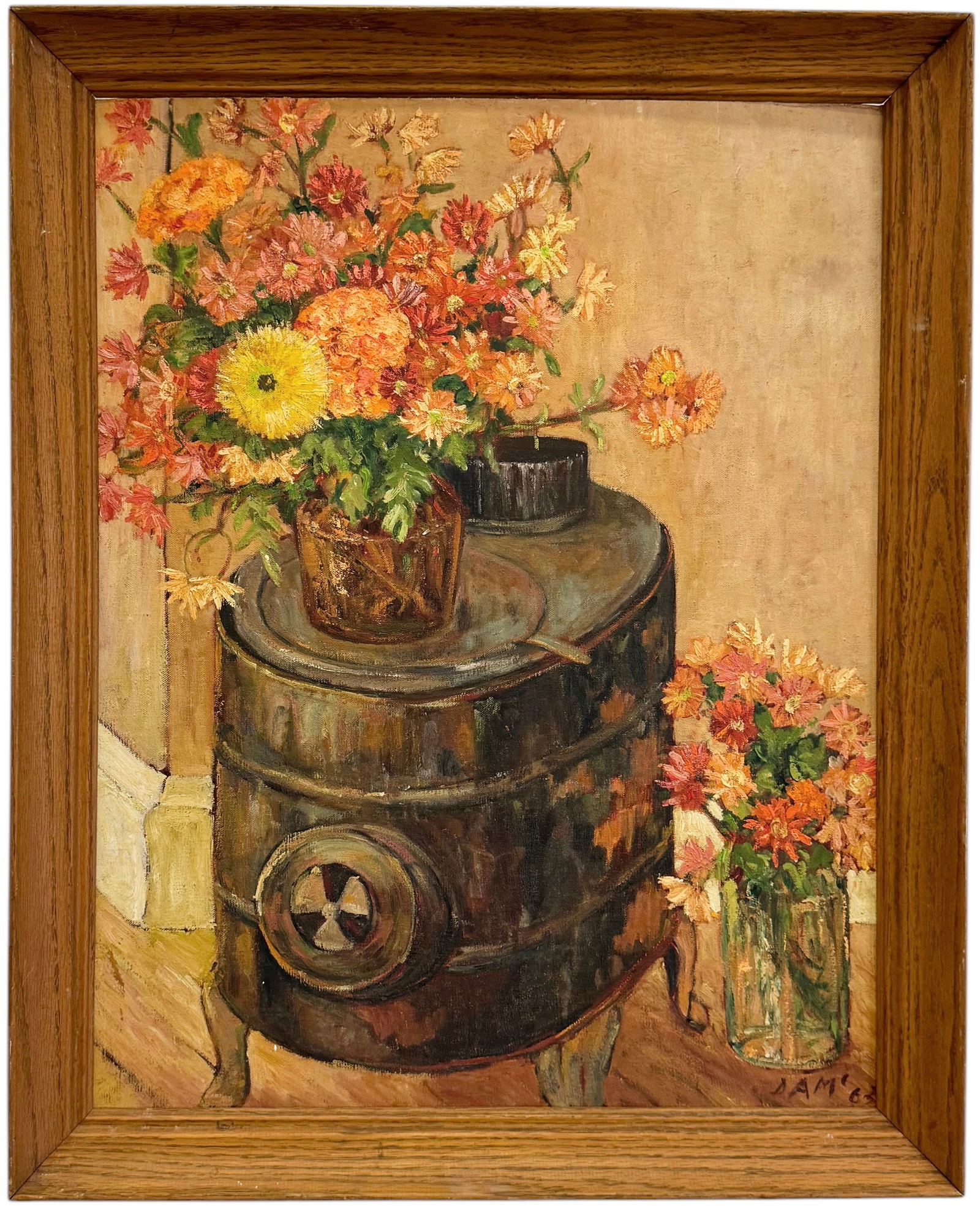 Vintage American School Still Life Of Flowers Signed & Dated: Oil on board 31 1/4 x 25 1/4 in (framed)