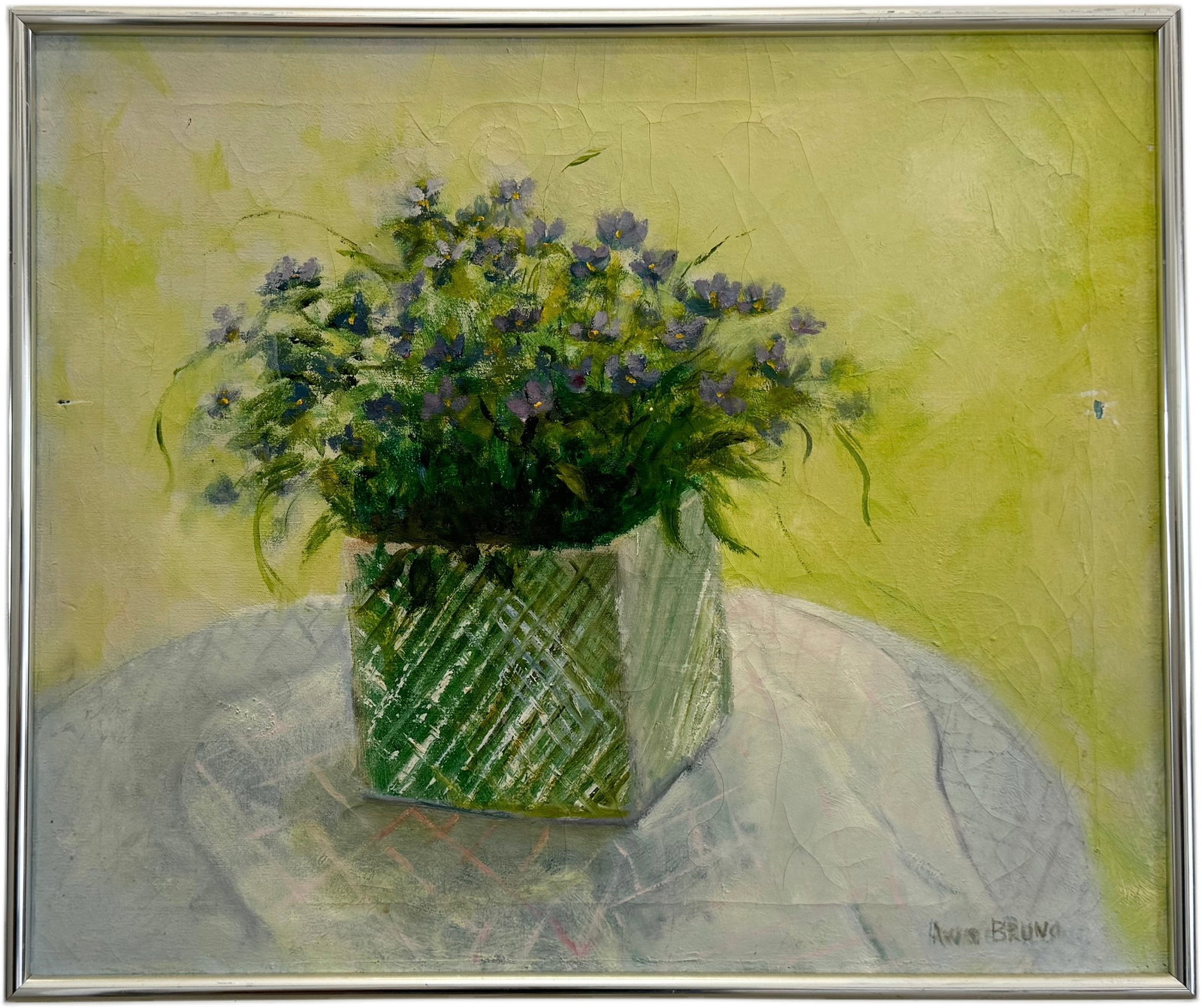 Vintage American School Still Life Of Flowers Signed Anne Bruno: Oil on canvas 25 x 21 in (framed)