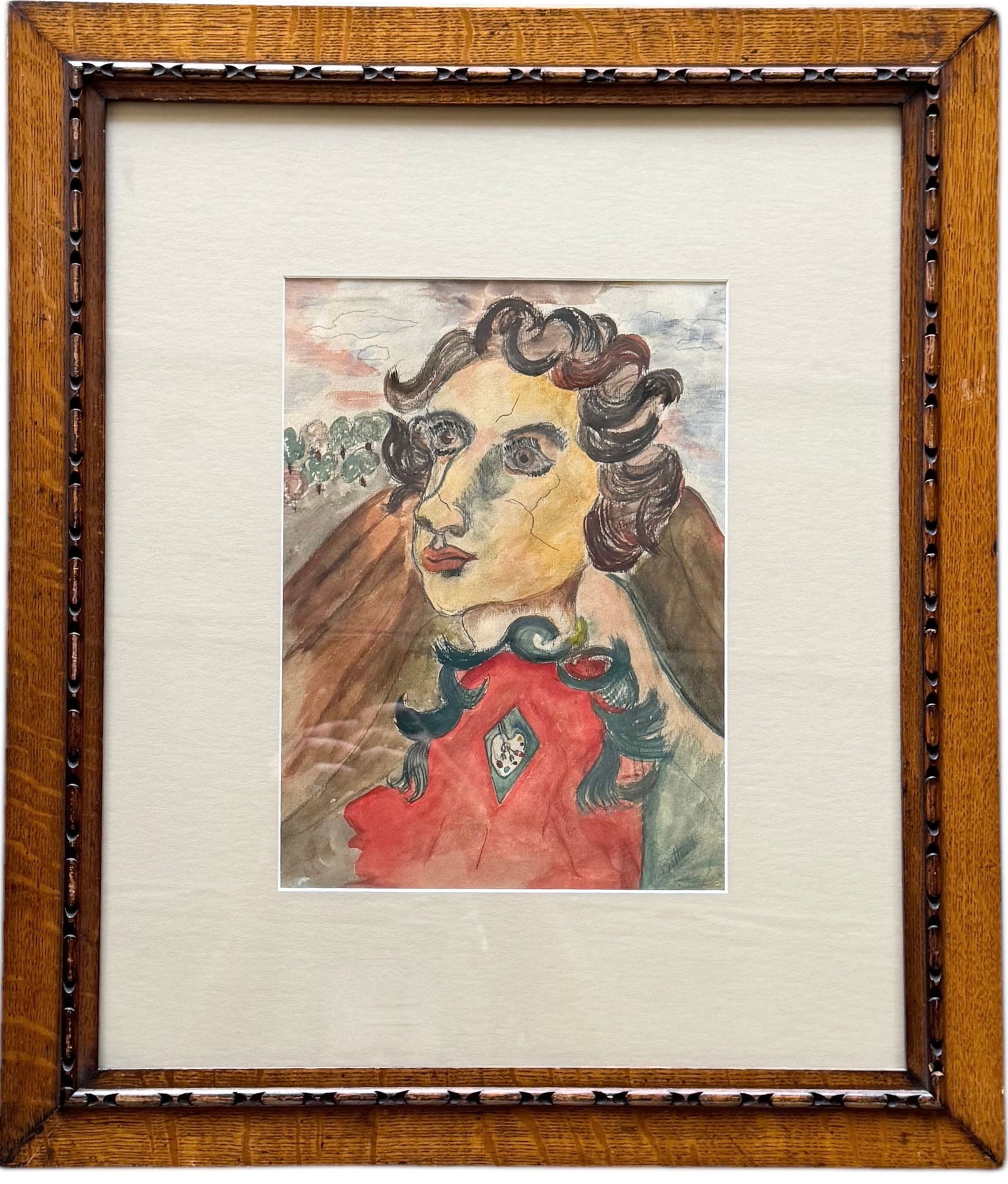 Mid-Century Italian School Modernist Portrait Watercolor Signed, Nicely Framed (1 of 3)