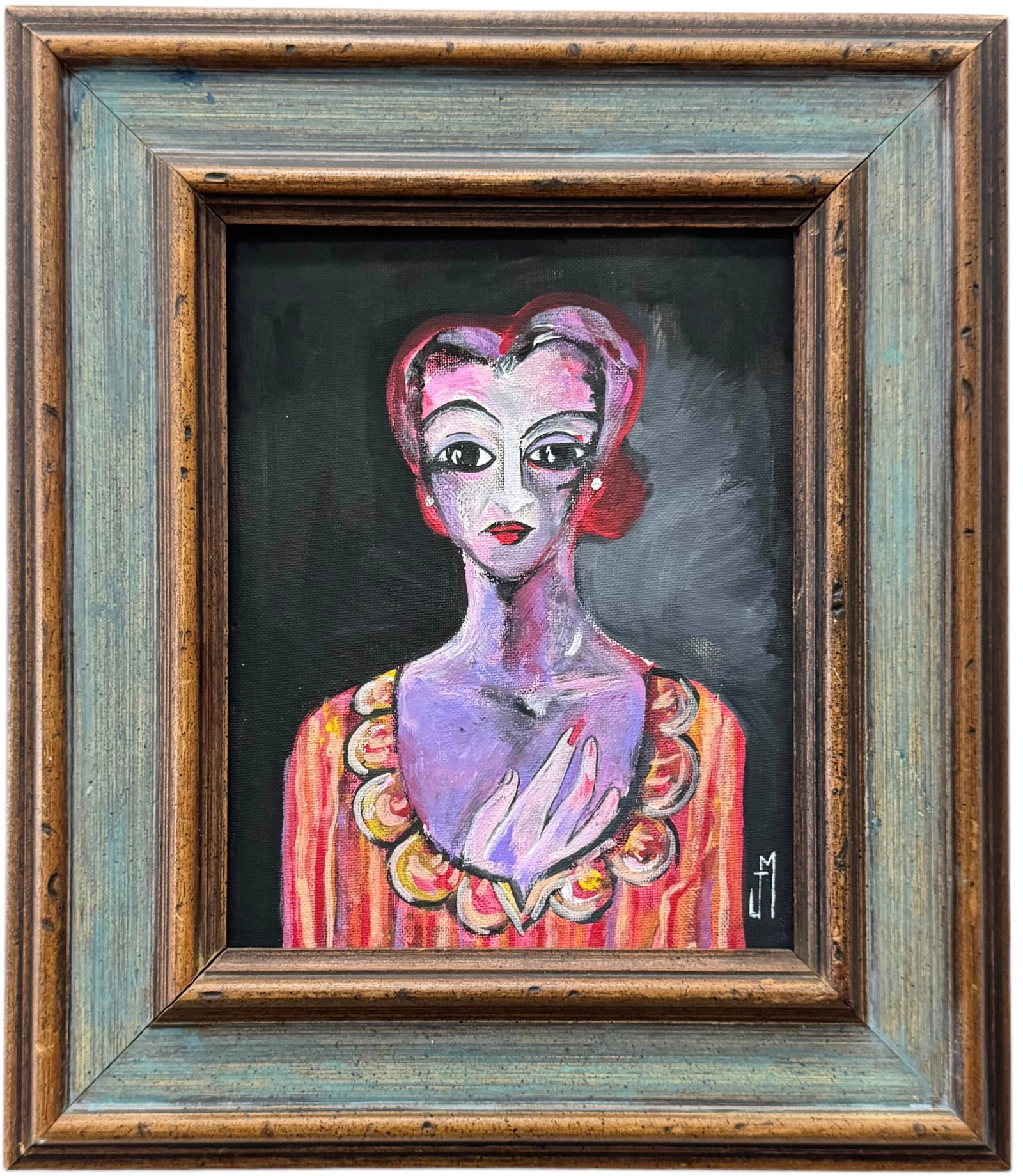 Mexican School Surrealist Portrait Of A Woman, Signed: Oil on board 15.5 x 13.5 in (framed)