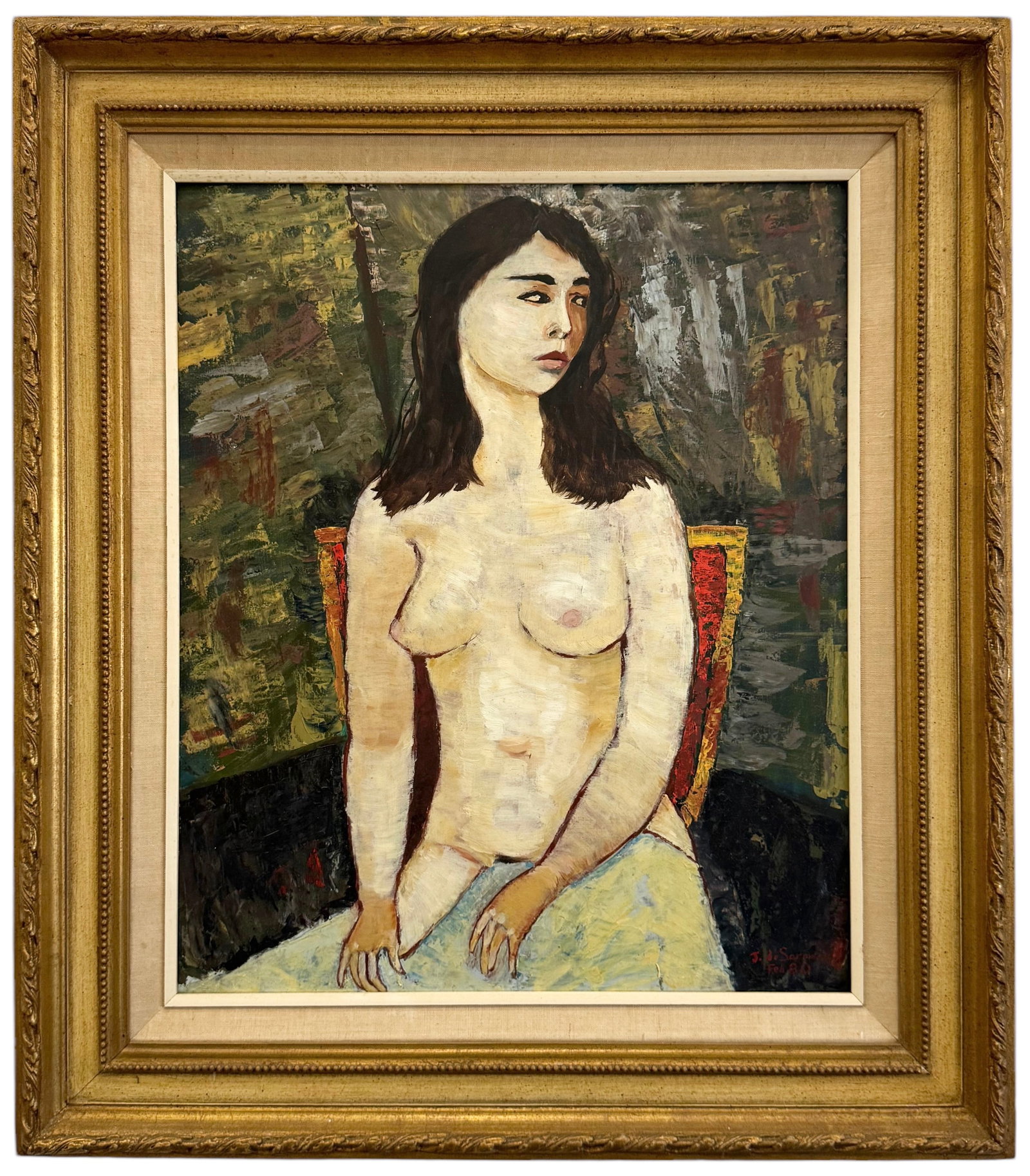 Modernist Nude Portrait Of An Oriental Woman, Signed: Oil on board 24 x 20 in, 32 x 28 in (framed)