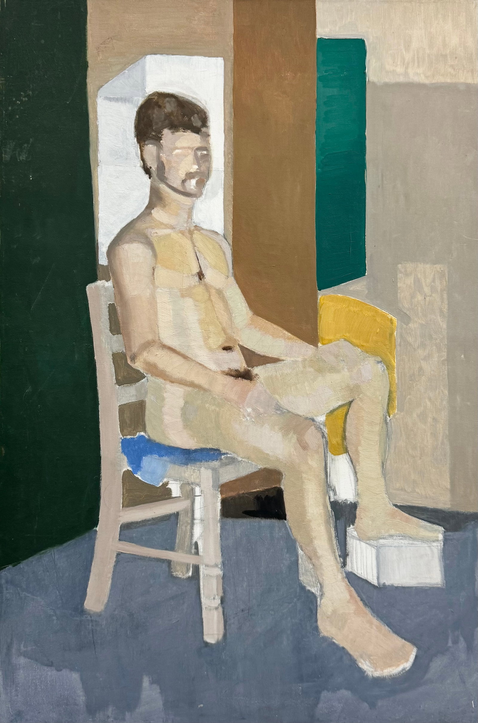 Vintage American School Modernist Nude Male Seated Portrait: Oil on canvas 36 x 24 in