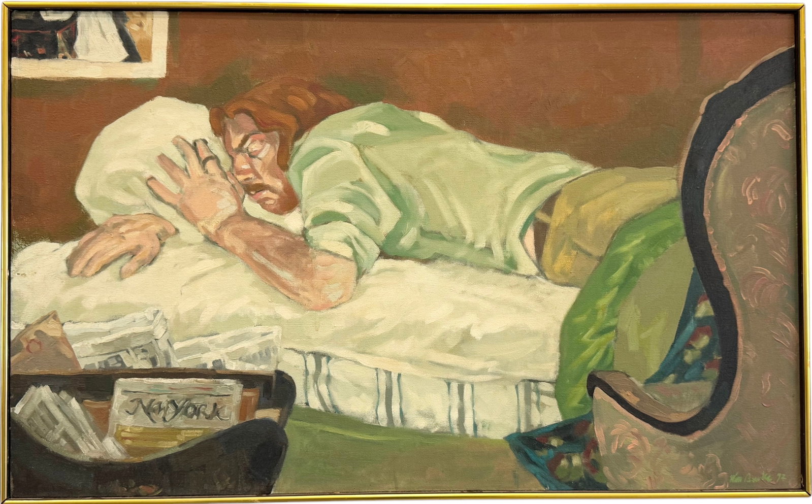 1970's American Modernist Painting Of A Sleeping Man, Signed: Oil on canvas 37 x 23 in (framed)