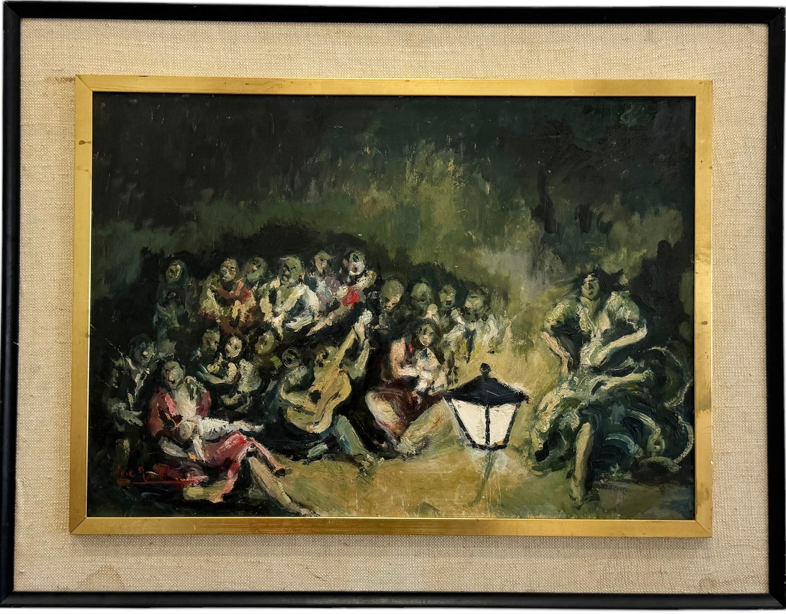 Vintage European School Nocturnal Musical Scene Crowd Of People, Signed: Oil on board 28 x 20 in, 35 x 27 in (framed)