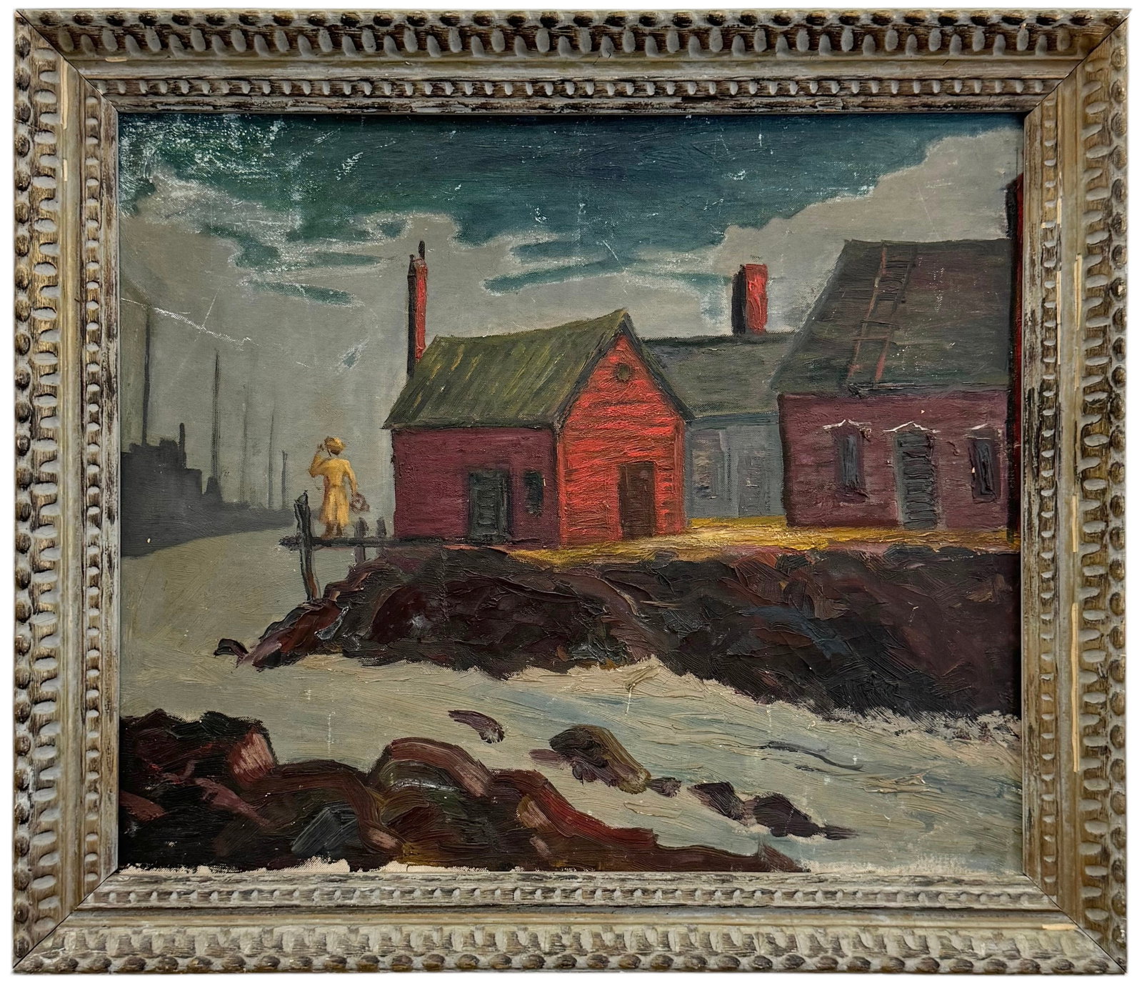 American 1930's WPA Regionalist River Scene With Smokestacks Donora, PA: Oil on board 23.5 x 20 in, 28 x 24 in (framed). There is a Donora, PA stamp on the back. There was a historical smog disaster in 1948 from the smokestacks