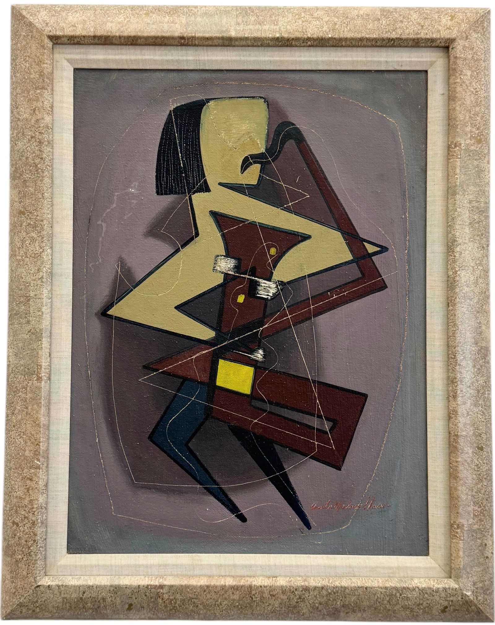 Nicely Framed Musical Cubist Abstract Of Figure Playing Trumpet Painting (1 of 2)