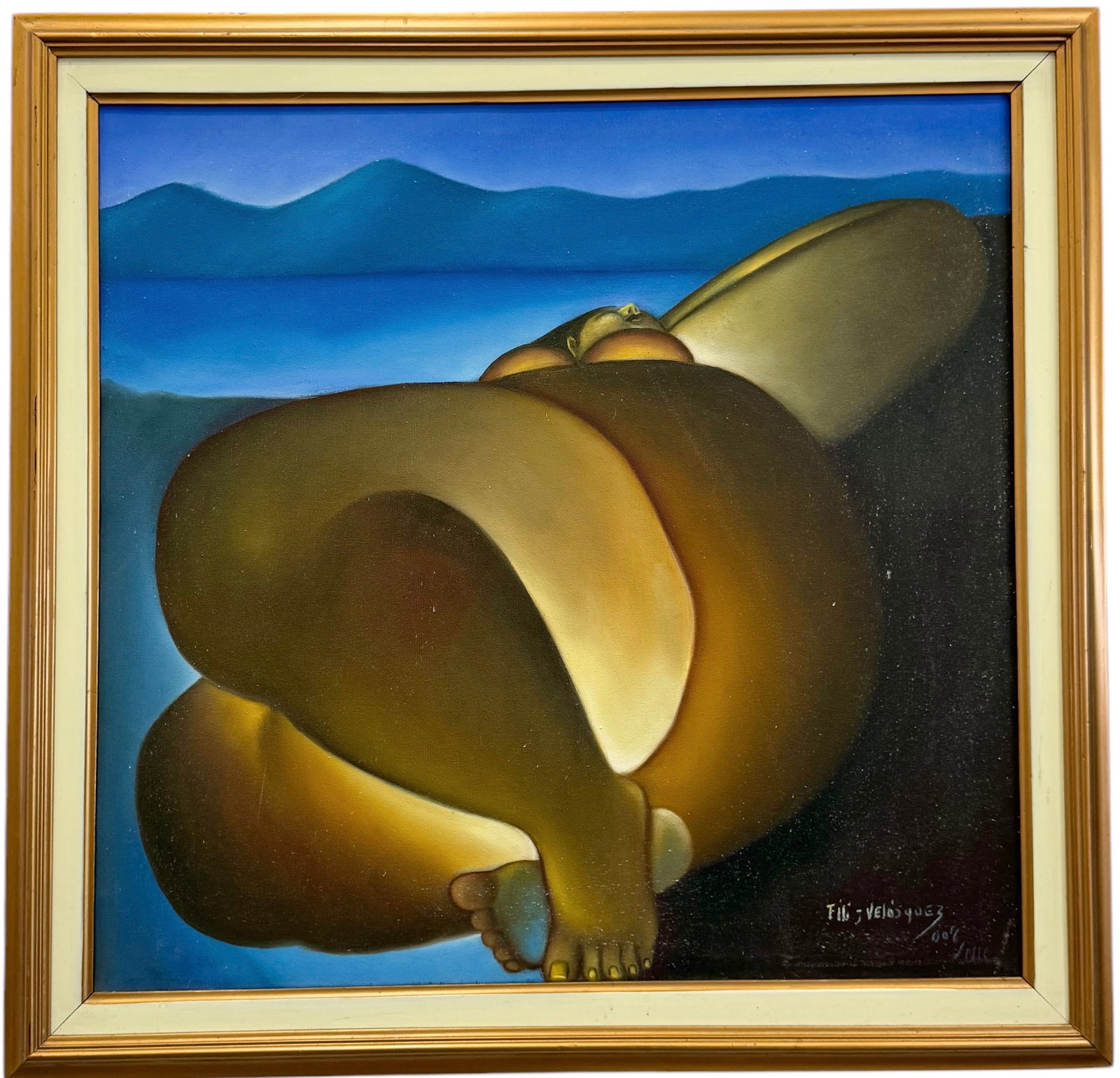 Latin American School Modernist Large Body Lying Nude: Signed Velazquez. Oil on canvas 32.5 x 31.5 in (framed)