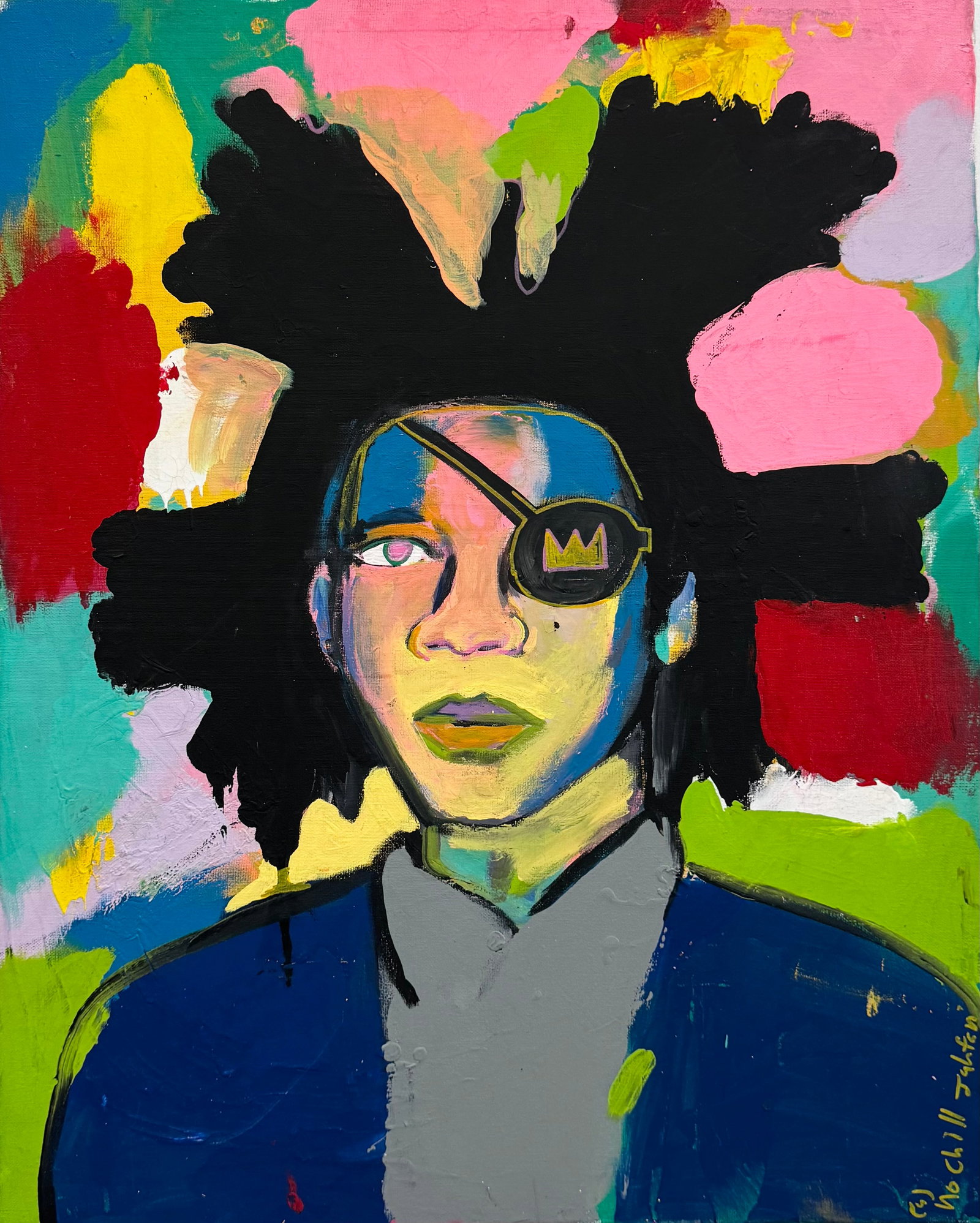 Colorful Pop Art Abstract Portrait Of Basquiat, Signed Lower Right: Acrylic on canvas 30 x 24 in