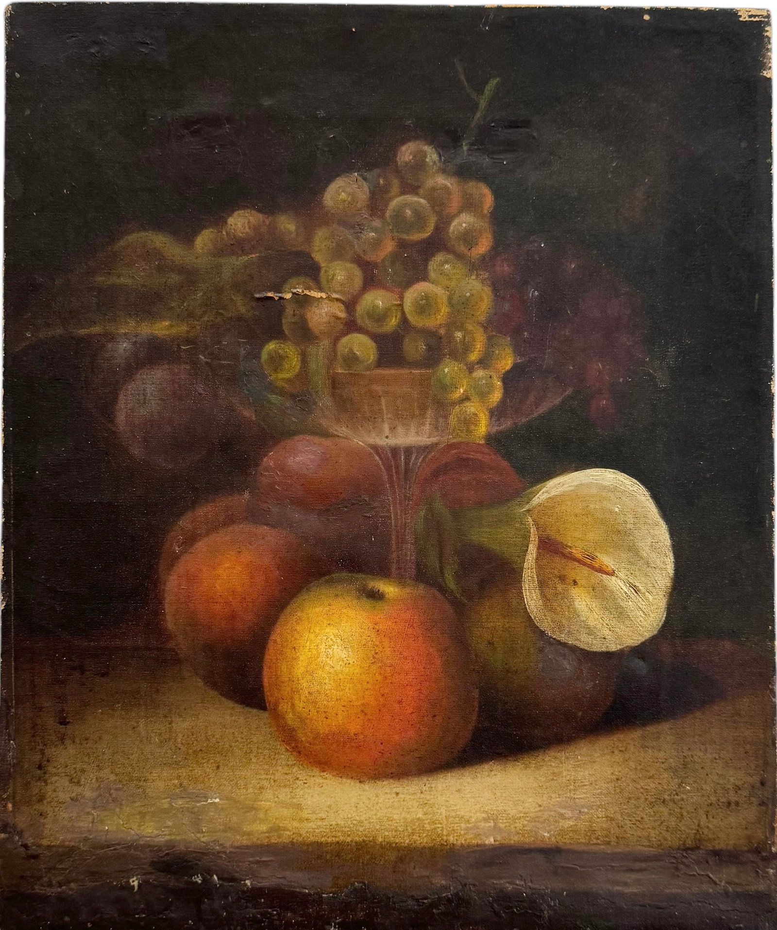 18th Century American School Still Life Of Fruit & Flowers: Oil on canvas 17 x 14 in