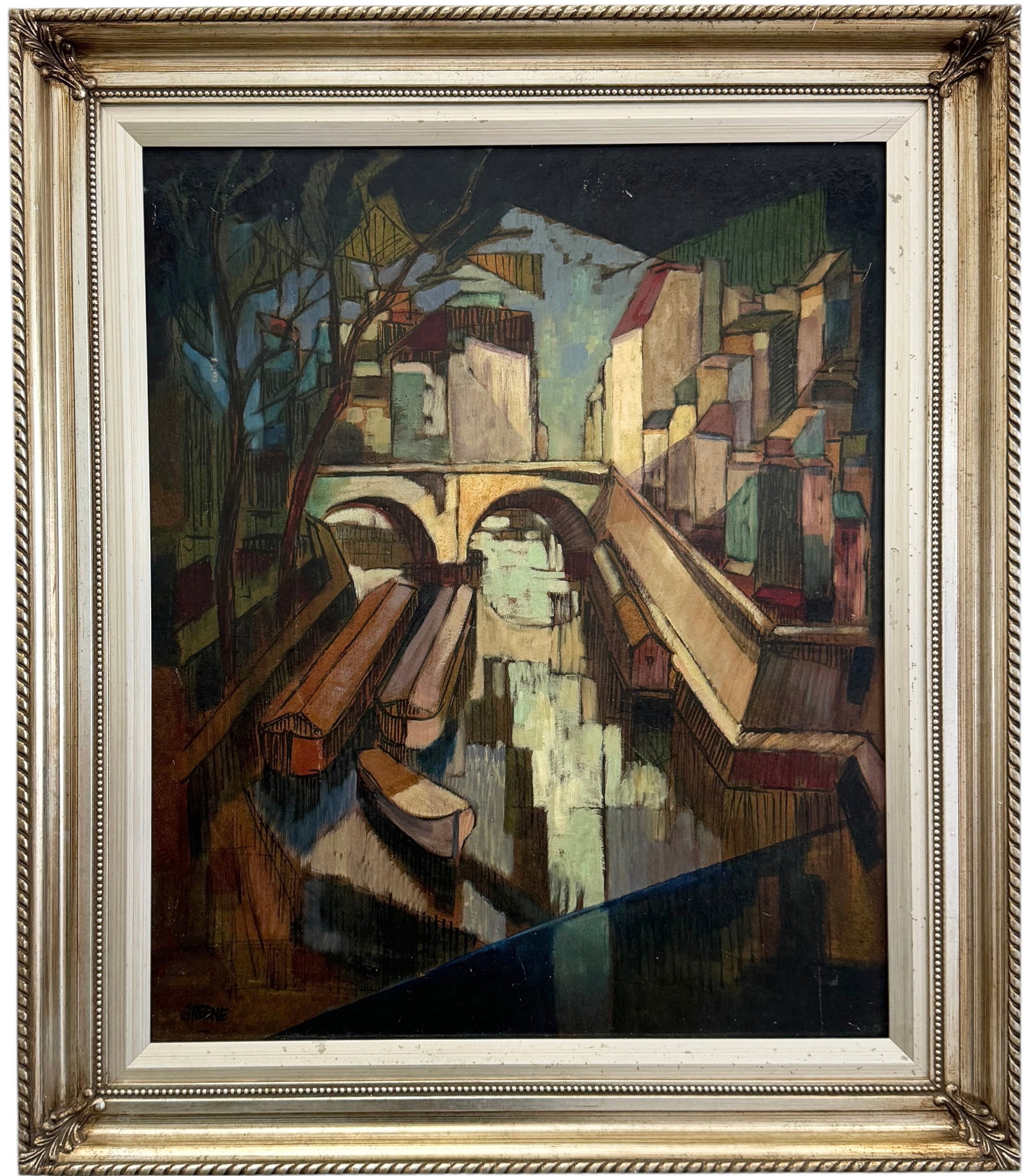 1960's "The Seine" Modernist Paris City Scene Signed Greene: Oil on masonite 24 x 20 in, 30 x 26 in (framed)