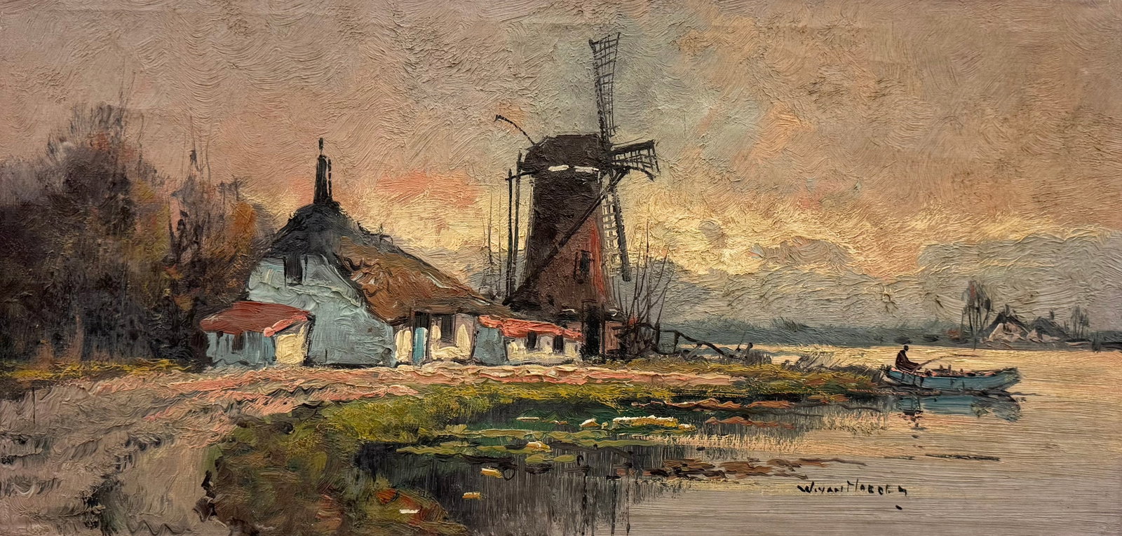 WIM VAN NORDEN (1917-2001, Dutch) Tonal Landscape With Windmill: Oil on canvas 31.5 x 15.5 in