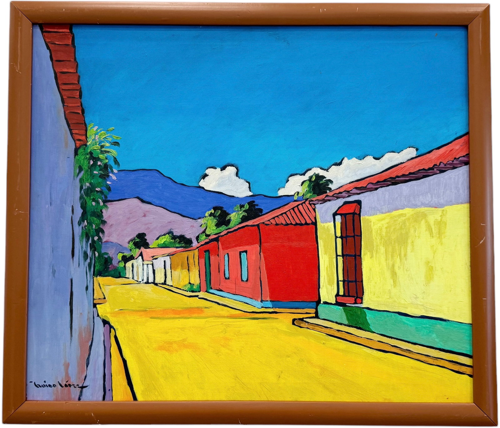 GUIDO LOPEZ (20th c, Spanish) Fauvist Street Scene: Acrylic on canvas 25.5 x 21.5 in, 27.5 x 23.5 in