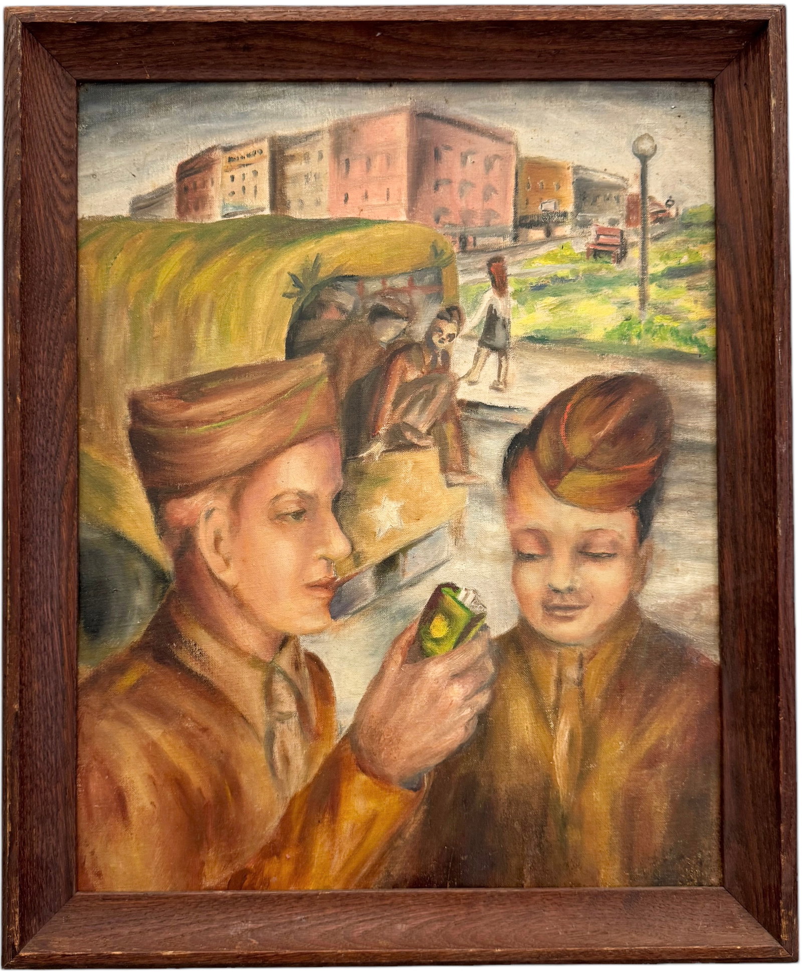 American School Wartime Regionalist Painting Of GI's Smoking Cigarettes: Oil on board 16 x 20 in