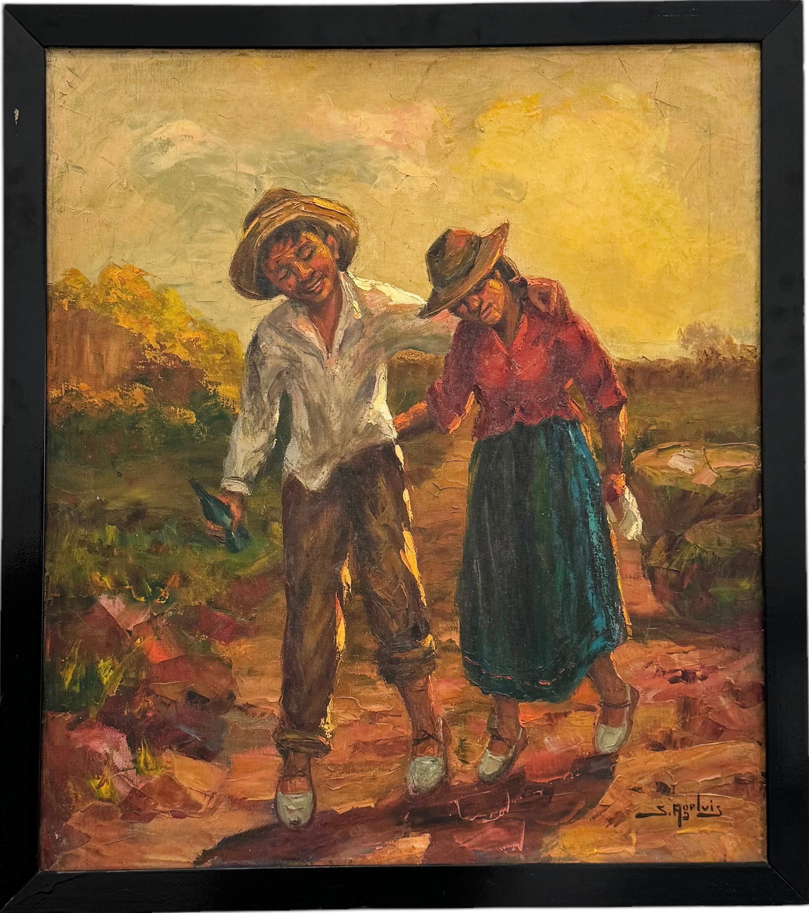 Segundo Agelvis (20th c, Colombia) Genre Painting Of Children Walking The Road: Oil on canvas 24 x 20 in.