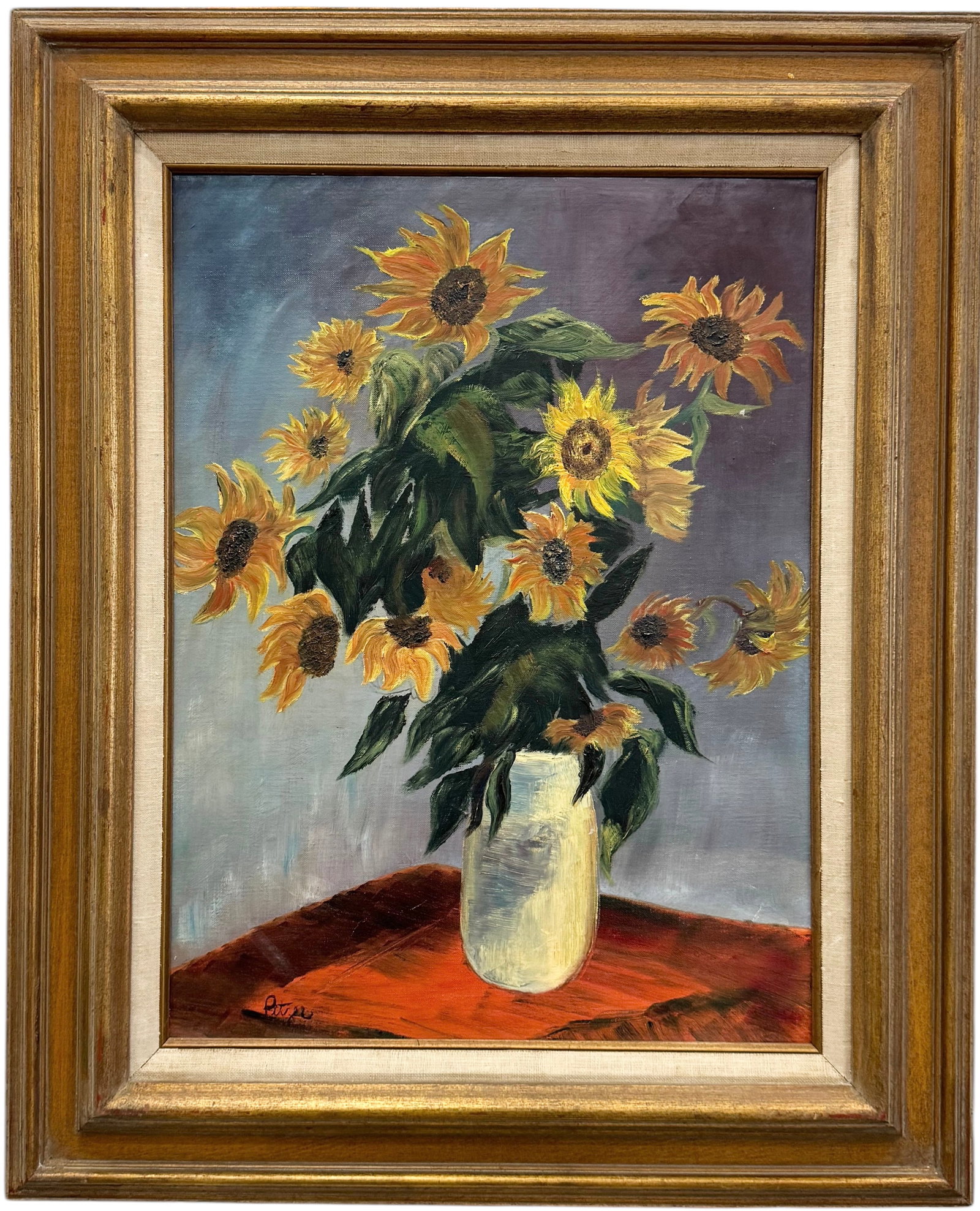 Modernist Still Life Of Flowers Signed Denver Colorado Artist: Oil on canvas 24 x 18 in, 32.5 x 25.5 in (framed)
