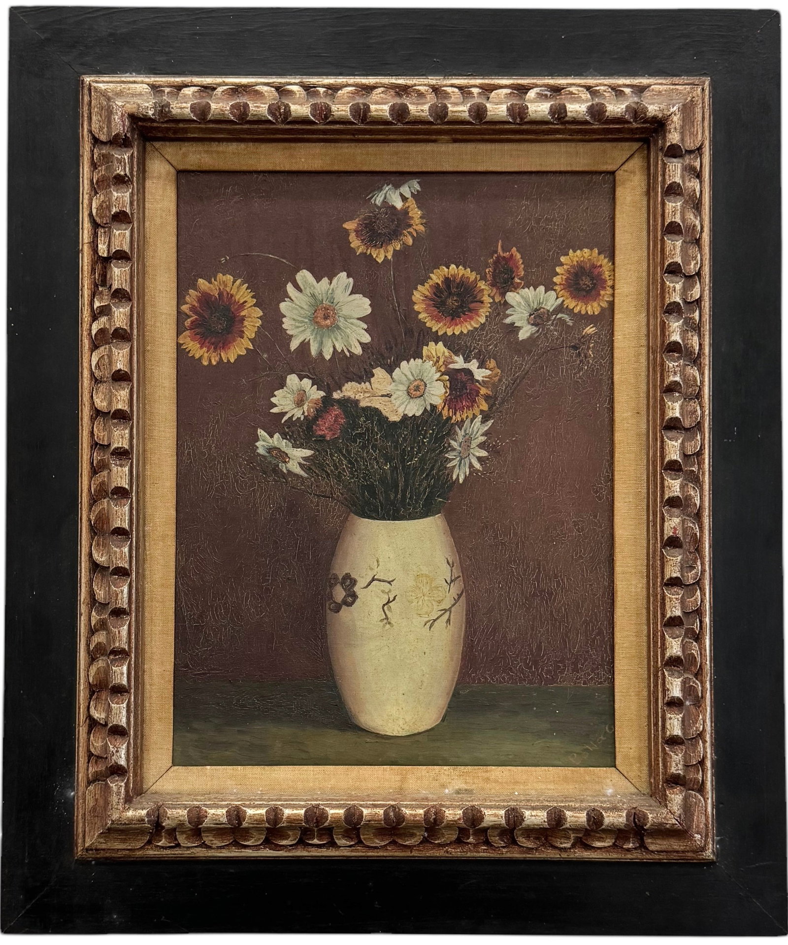 Nicely Framed American School Still Life Of Flowers, Signed: Oil on canvas 12 x 16 in, 20 x 24 in (framed)