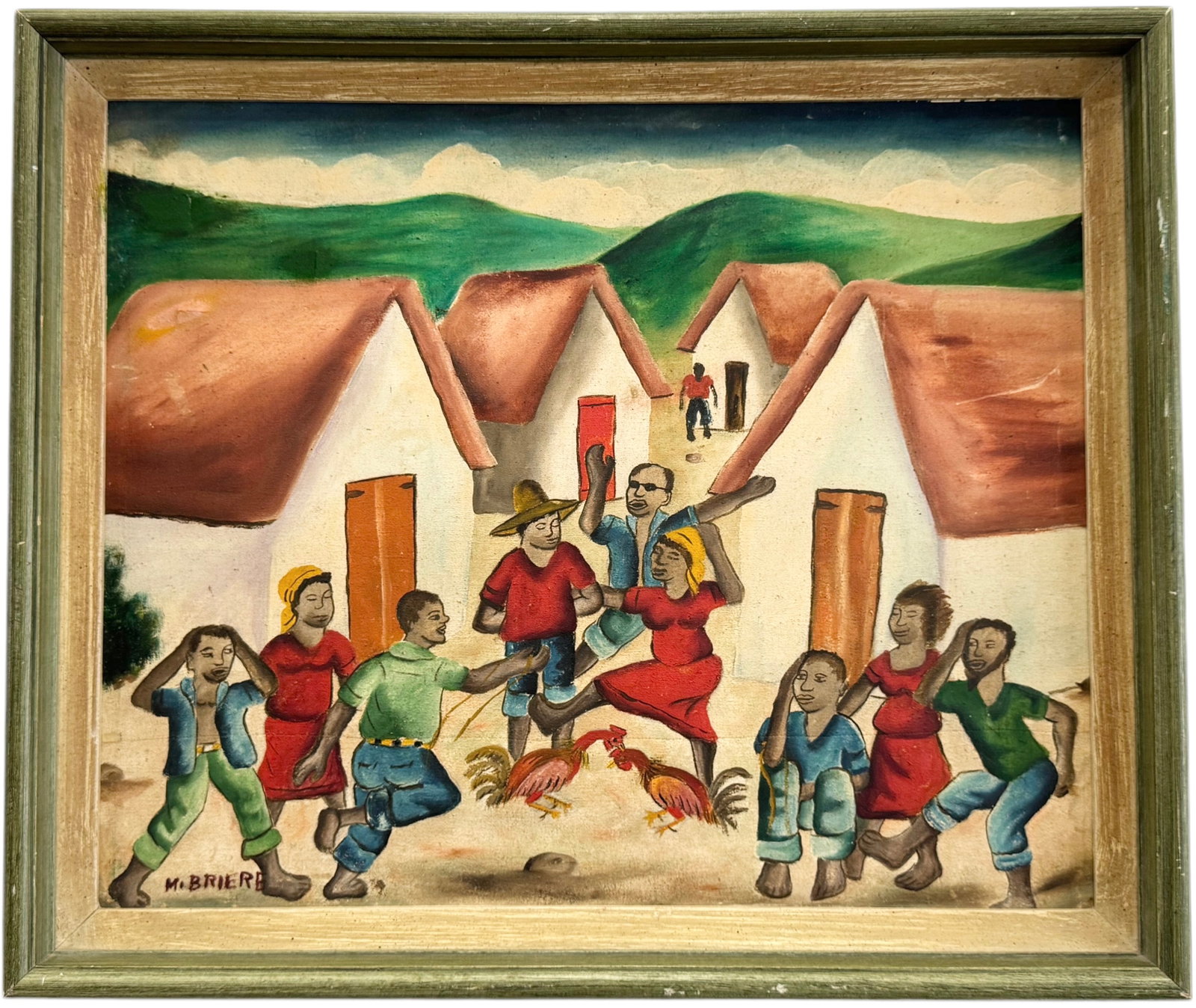 Haitian School Modernist Village Scene Signed BRIERE: Oil on canvas 24 x 20 in
