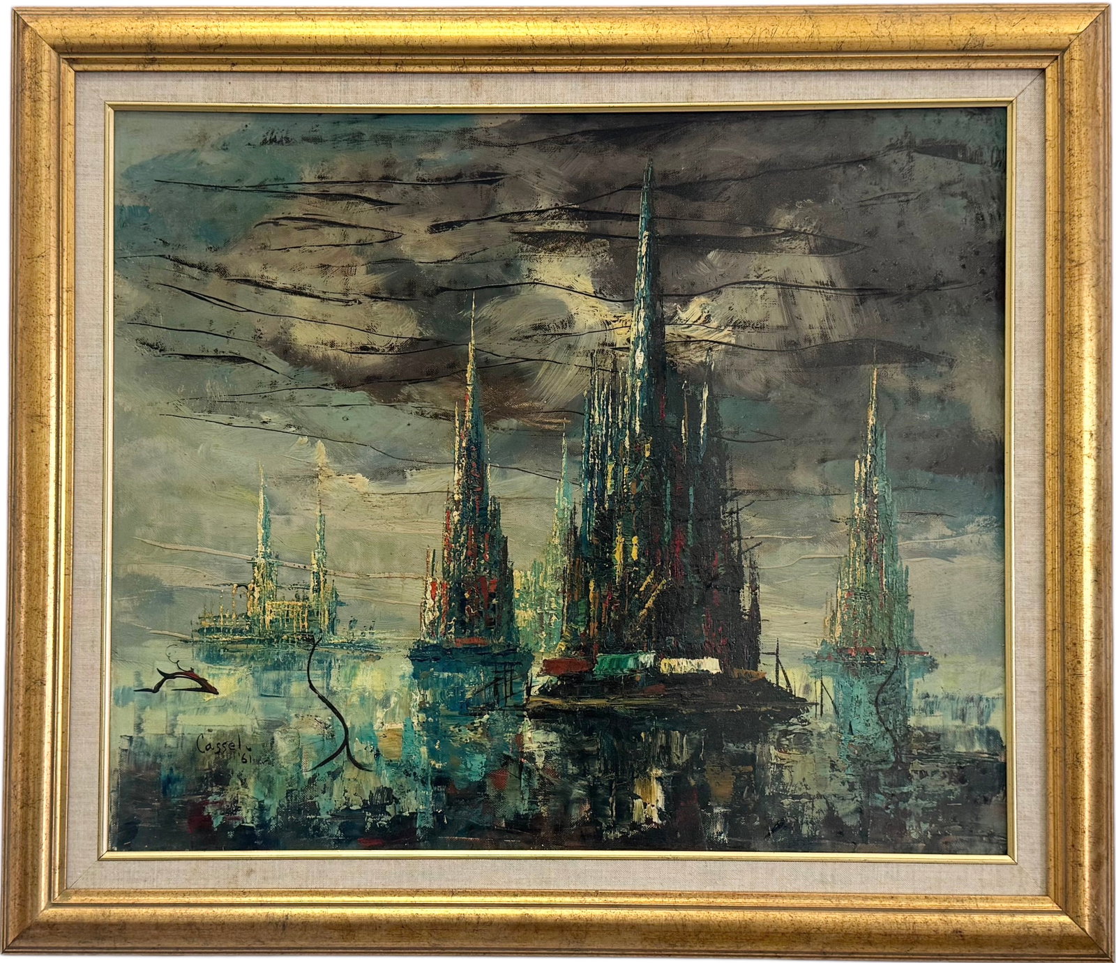 Mid-Century American Surrealist Futuristic City Scene Signed Cassel 1961: Oil on canvas 24 x 20 in, 30 x 25.5 in (framed)
