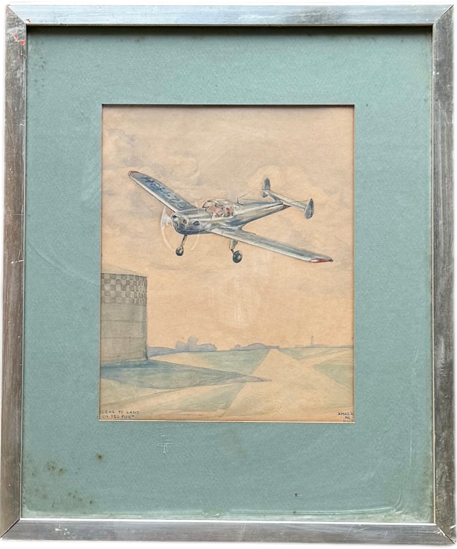 American School "Clear To Land On The Five" Airfield Painting Signed PK HILLS 1947: Watercolor 10.5 x 8.5 in, 18 x 15 in (framed)
