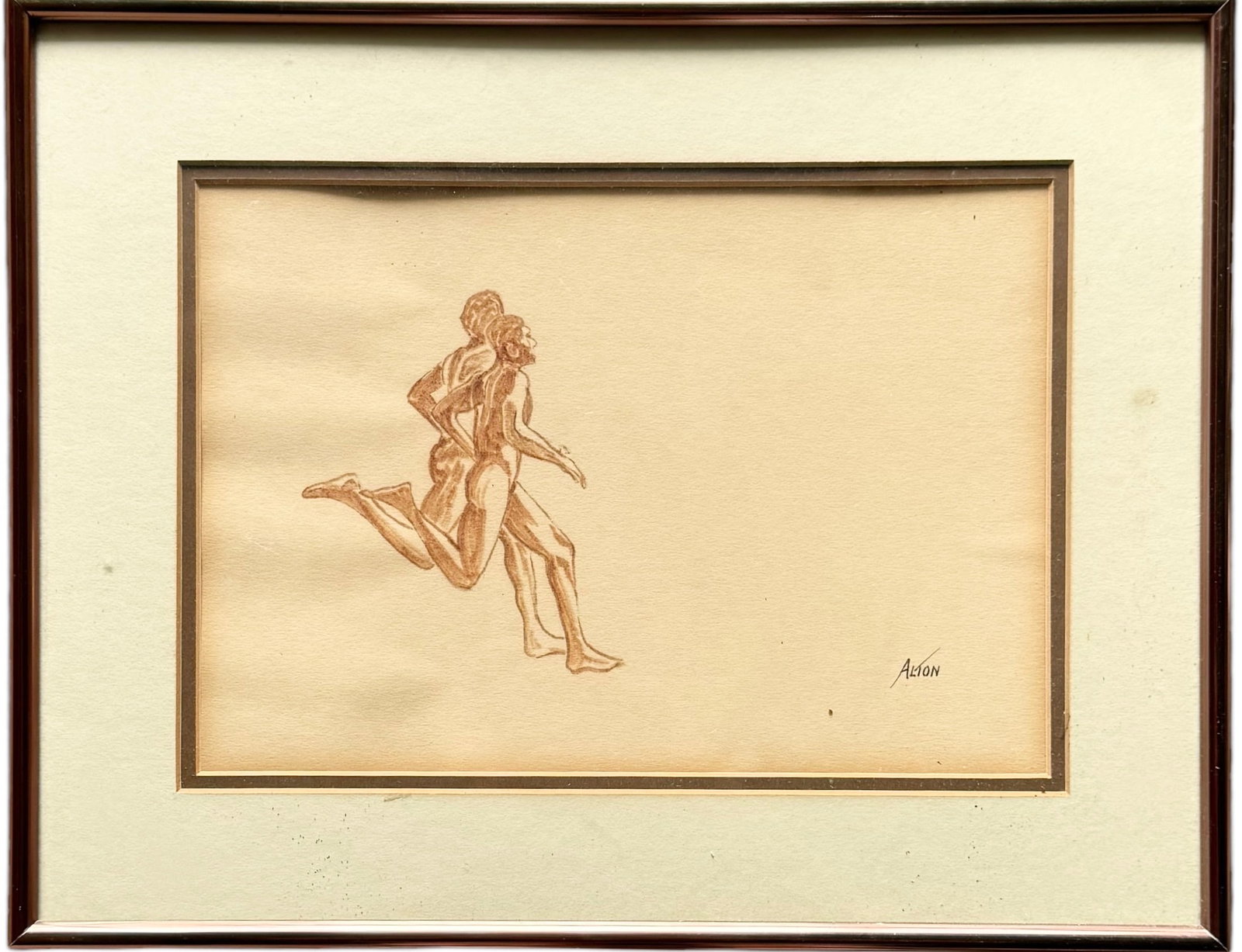 Mid-Century Minimalist Running Nude Men Nicely Framed Signed Alton: Watercolor on paper 14 x 11 in (framed)