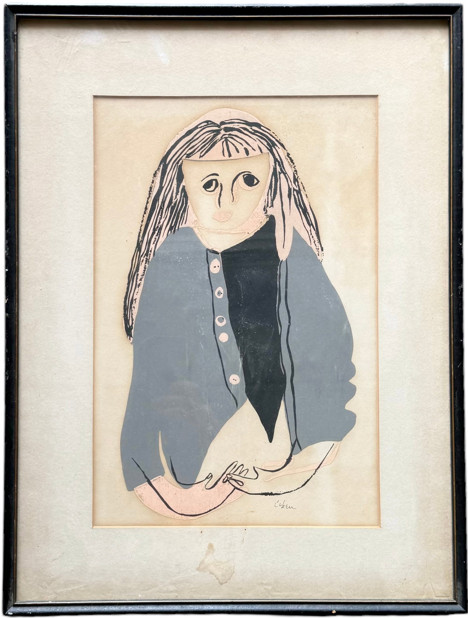 American School Modernist Portrait Of A Woman Signed Cohen: Looks like a serigraph or mixed media on paper 21 x 16 in (framed)