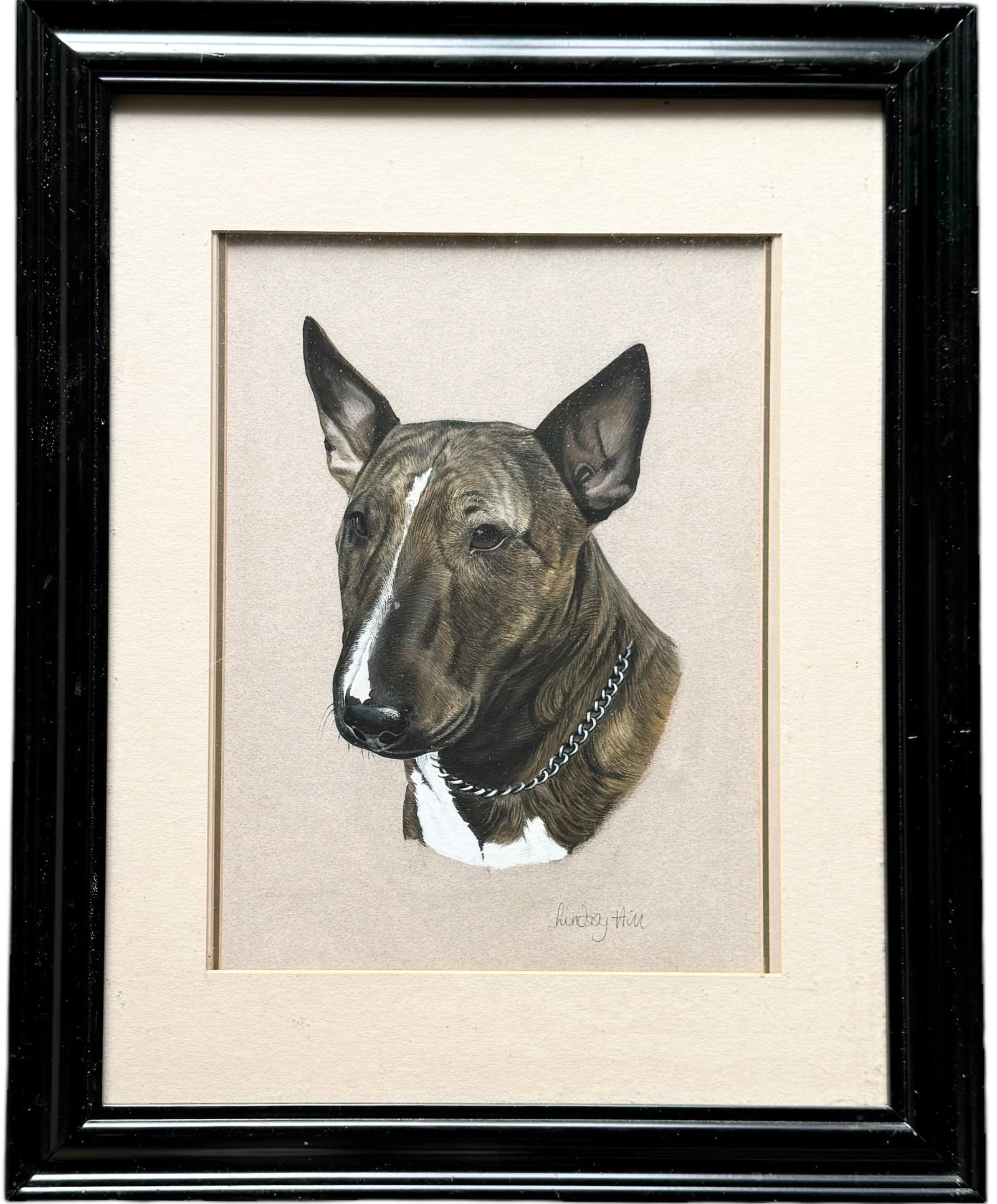 LINDSAY HILL (20th c, UK) English Bull Terrier Portrait: Oil on paper 21 x 17 in (framed)