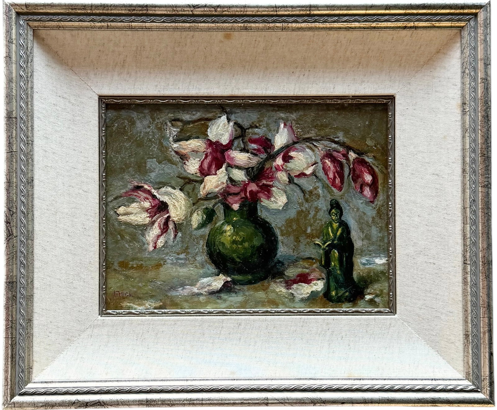 Impressionist Still Life Of Flowers, Signed: Oil on board 11 x 8 in, 18 3/4 x 15 3/4 in (framed)