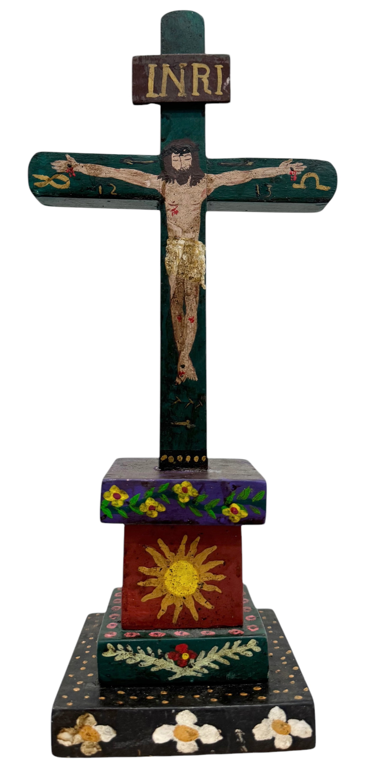 Mexican Folk Art Hand Painted Wooden Crucifix: Size 14 x 5 x 5 in