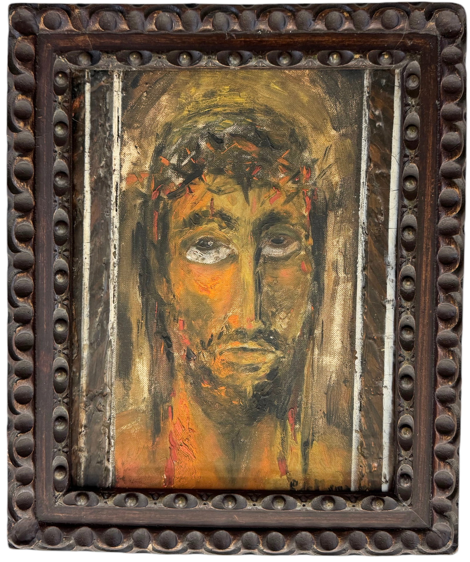 Nicely Framed Mid-Century Portrait Of Jesus Christ Signed Lower Right: Oil on board 14 x 11 in, 17.5 x 14.5 in (framed)