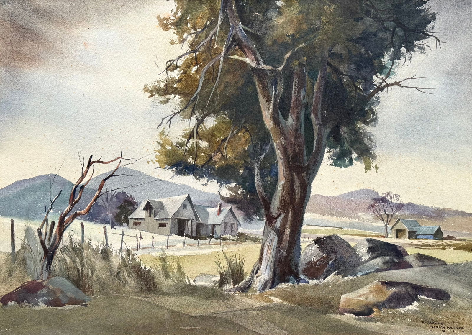 FLORIAN KRAMER Regionalist Watercolor Rural Midwestern Landscape: Watercolor on paper 31 x 22.5 in