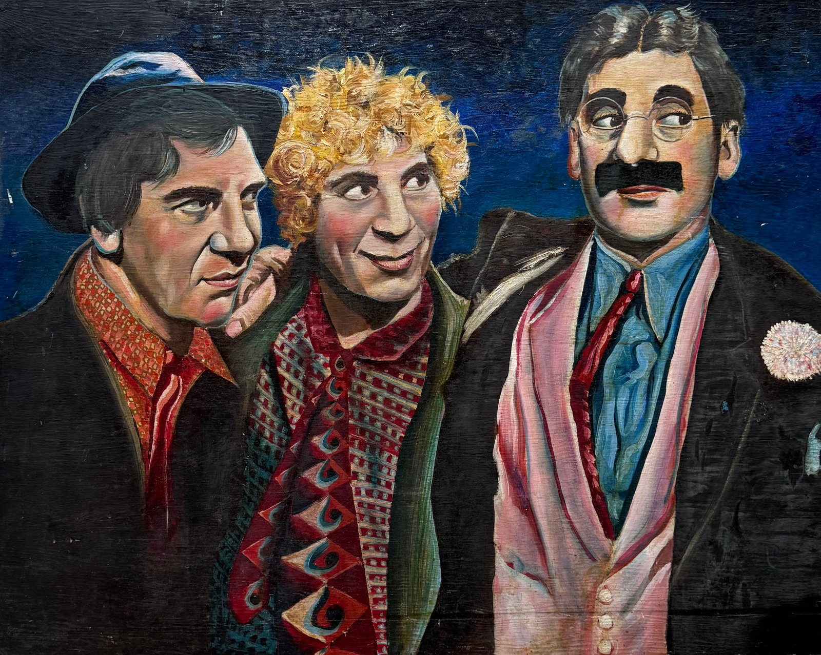 Early 20th Century American Illustration Of the Marx Brothers: Oil on wood 38.5 x 30 in