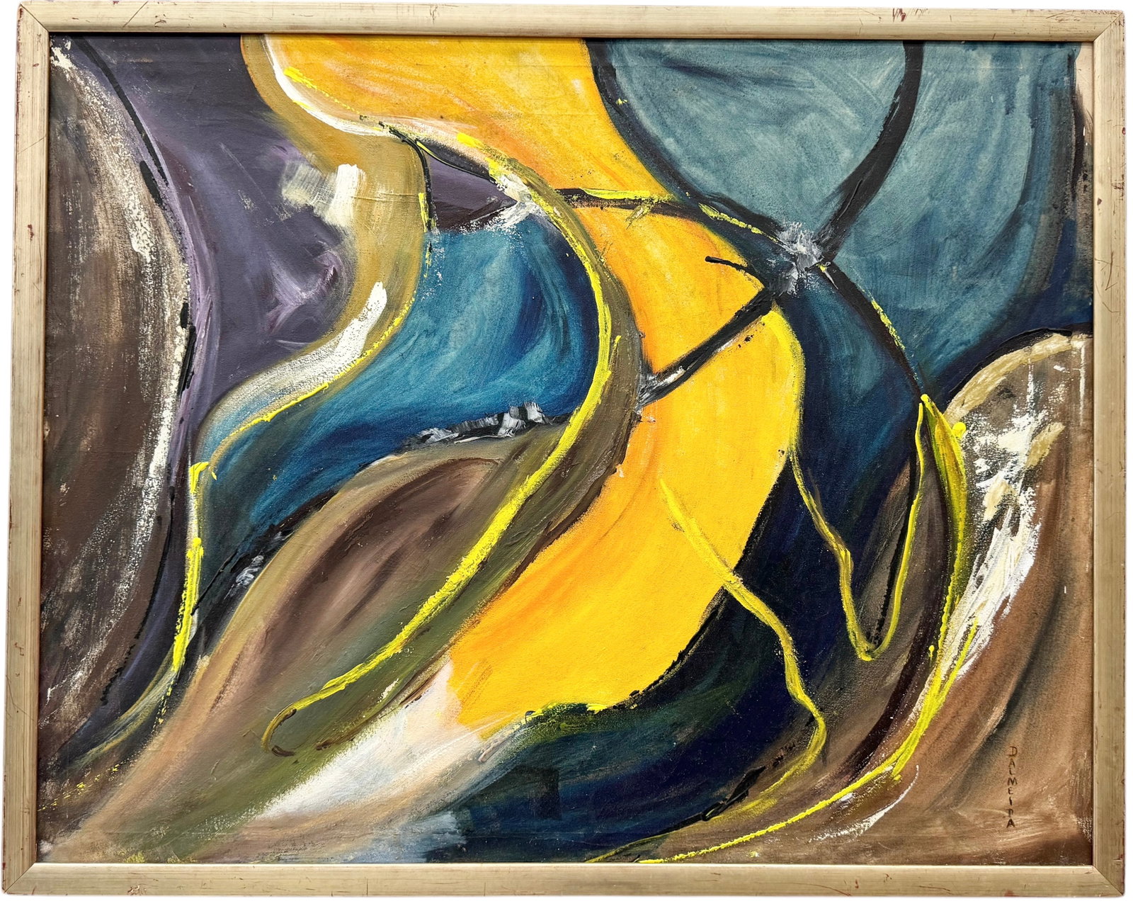 Latin American School Mid-Century Abstract Signed: Oil on canvas 45 x 35.5 in