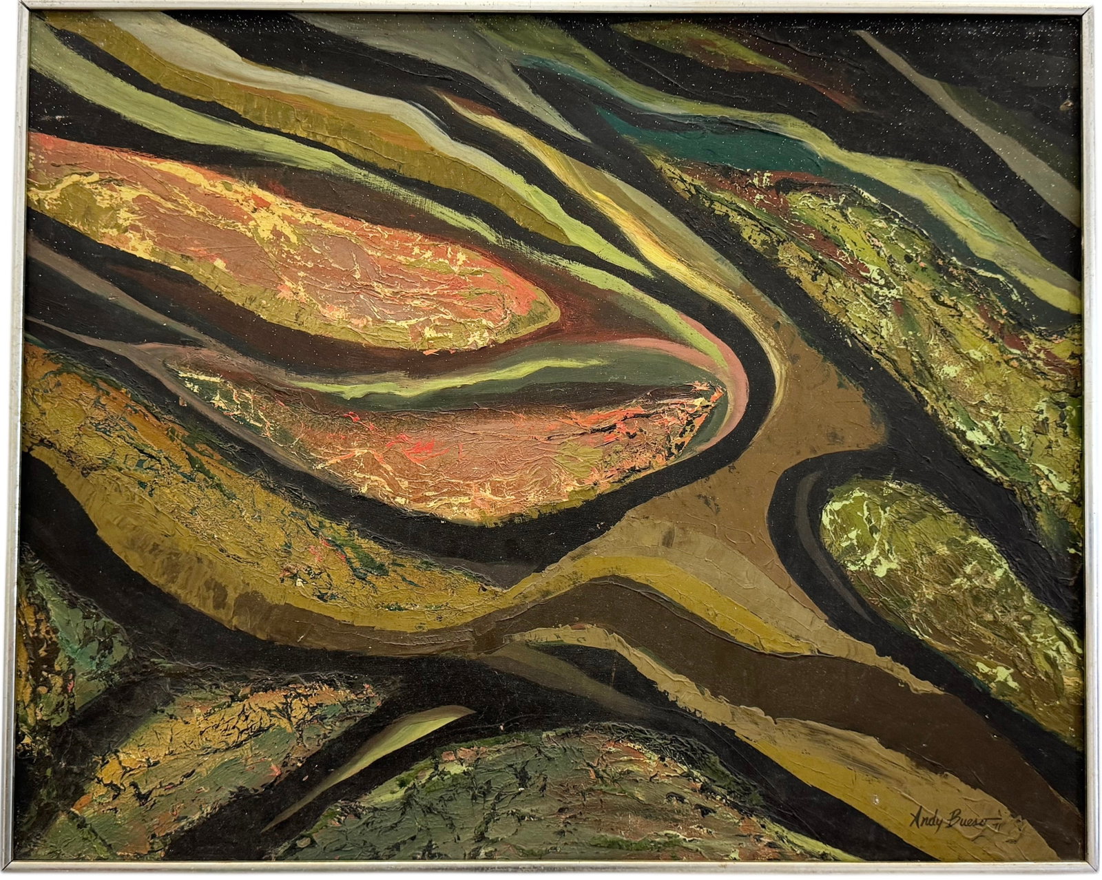 ANDY BUESO (1950-2000, Puerto Rico) Abstract "Peces" 1971, Important Artist: Oil on masonite 30 x 24 in. He obtained his Bachelor of Arts from the University of Puerto Rico in 1976, and a Master's degree from Pratt Institute in New York in 1981. Throughout his career, he was t
