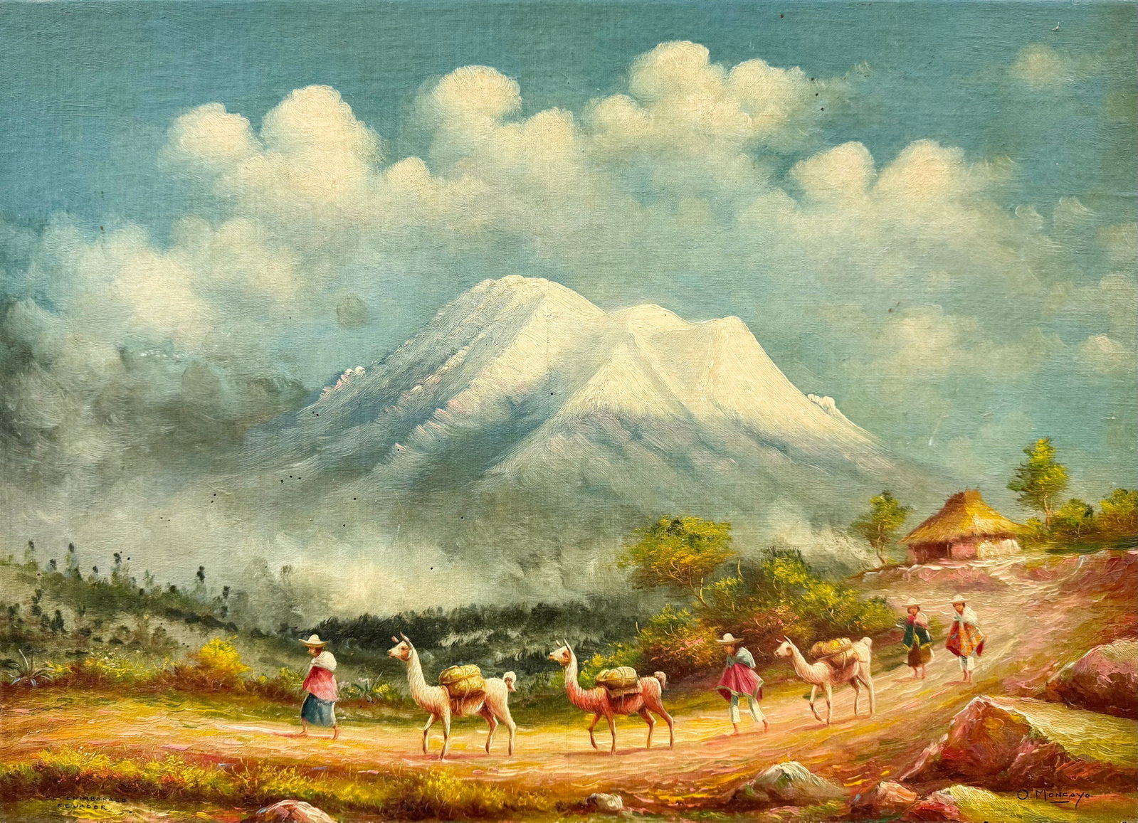 OSWALDO MONCAYO (1923-1984, Ecuador) Ecuadorian Landscape w/ Figures: Oil on board 21.5 x 15 3/4 in. Unframed