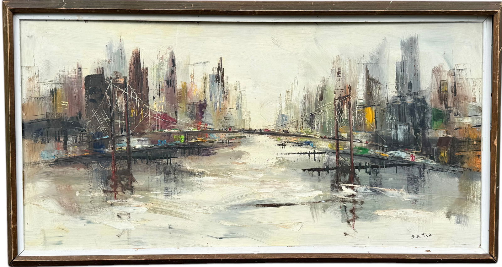 Mid-Century Modern American School Cityscape With Bridge Nicely Framed (1 of 3)