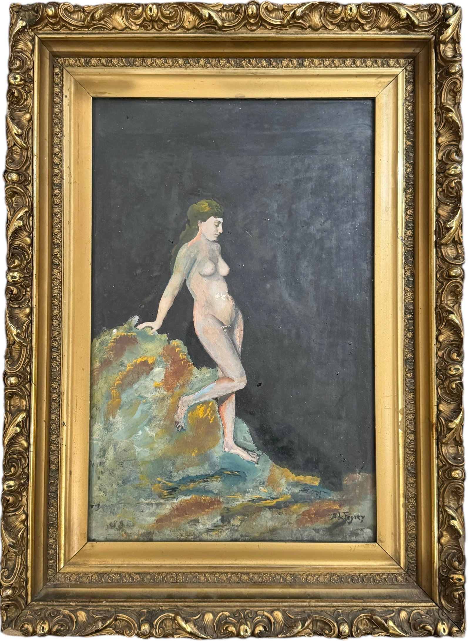 Modernist Nude Woman In Landscape In Antique Gold Gesso Frame Signed: Oil on board 24 x 17.5 in (framed). Artist unknown