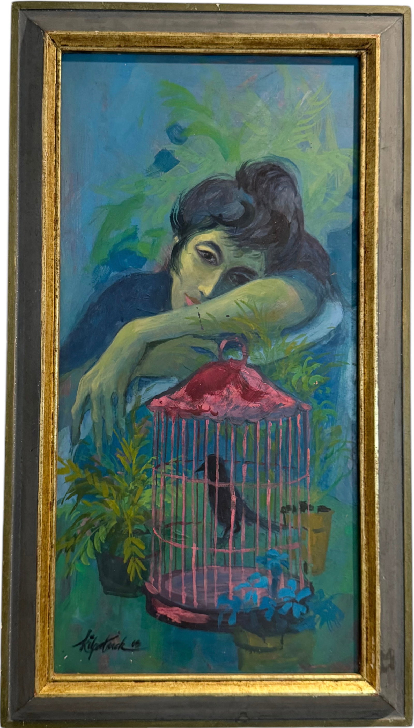Beautifully Heydennryk Frame Mid-Century Portrait Of An Woman Bird Cage, Signed: Looks like Kilpatrick. Oil on board 28 x 14 in, 32 x 18 in (framed)
