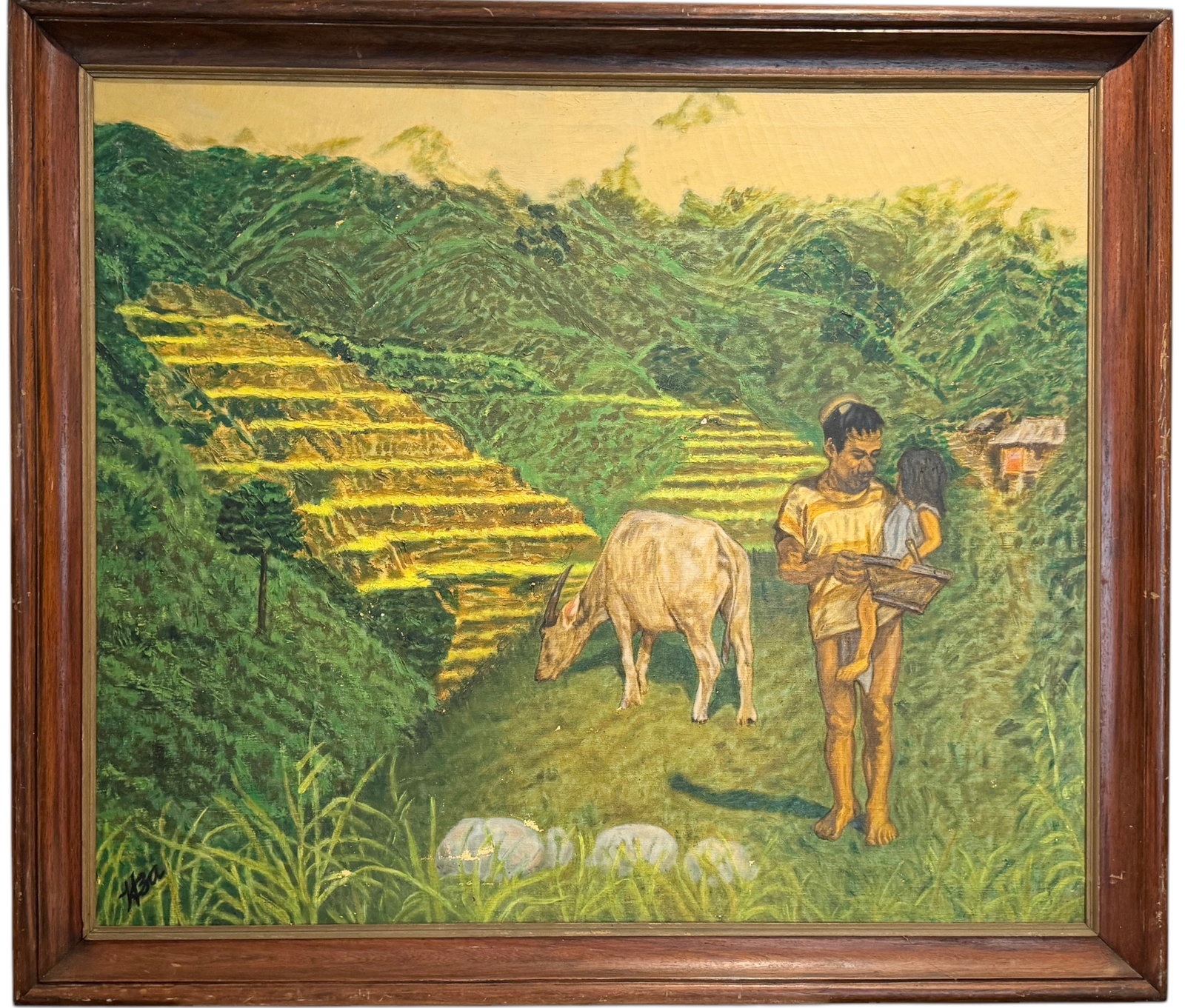 Filipino Oil Painting Father & Daughter In Fields Banaue 1955 Signed Hza, Manila Label: Oil 37.5 x 32 in, 43 x 37 in (framed)