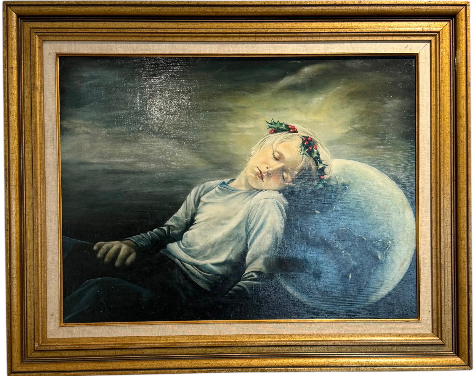LEON BARNARD 1970's Surrealist Christmas Portrait Of A Young Boy: Oil on canvas. 24 x 18 in, 30.5 x 24.5 in (framed)