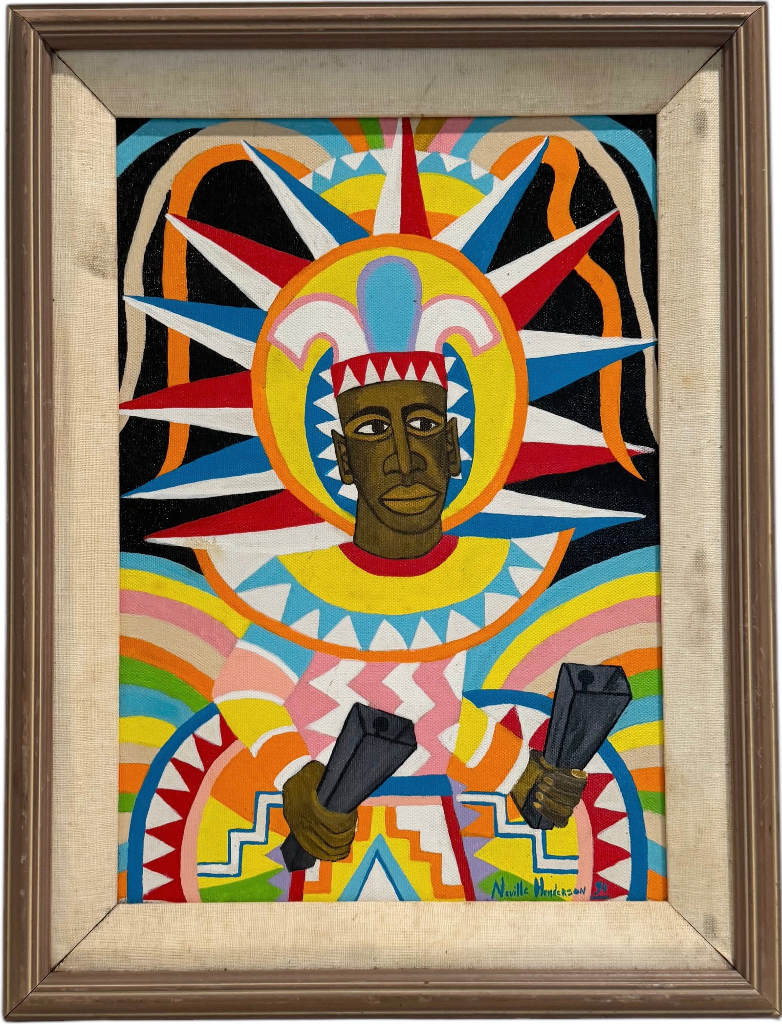 NEVILLE HENDERON Cubist African Motif, Black Art: Oil 14 x 10 in, 17 x 13 in (framed)