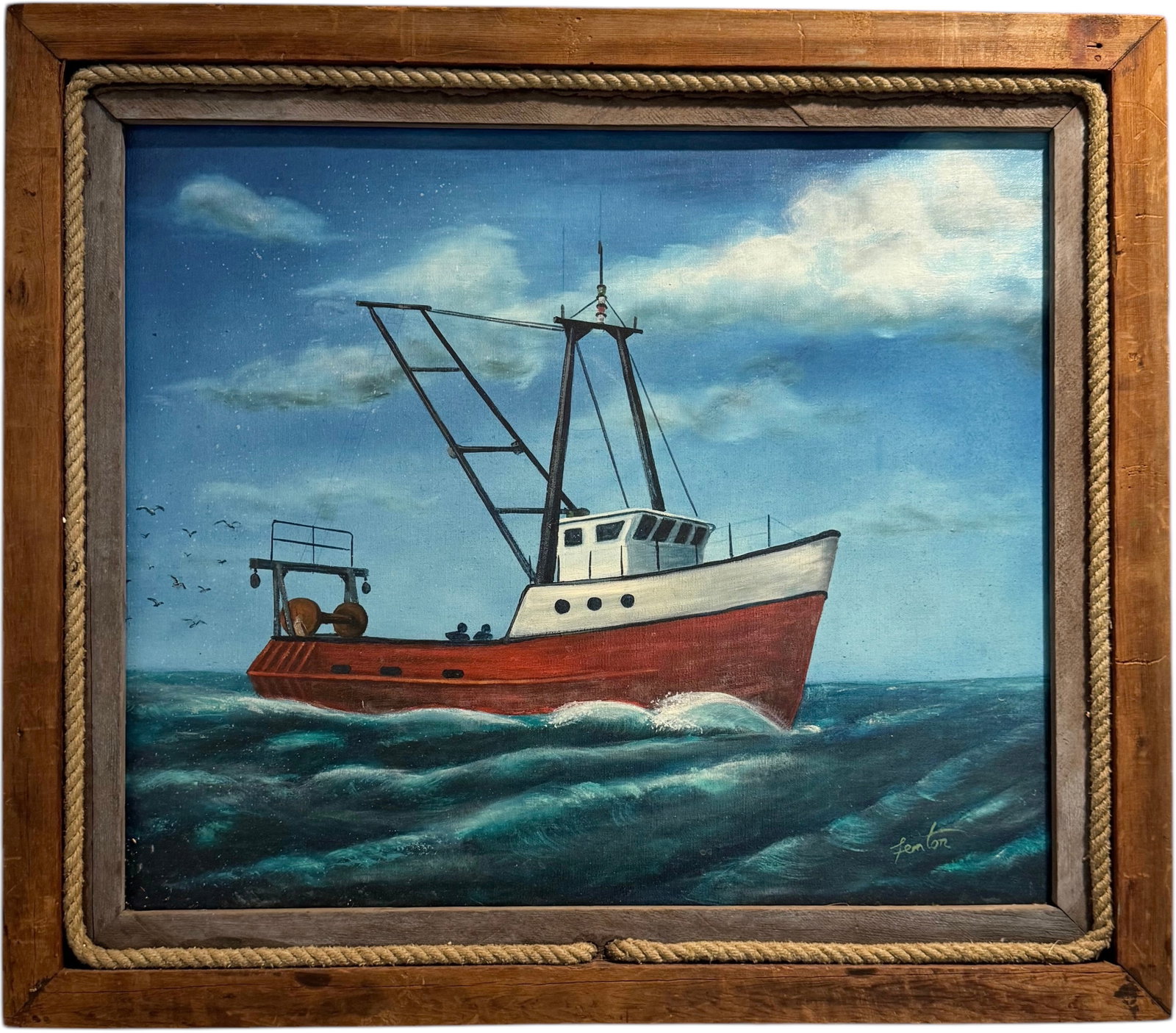 FENTON APPLEBY WPA Style Fishing Boat Seascape, Millville New Jersey Artist: Oil on canvas 25 x 21 in, 28 x 24.5 in (framed)