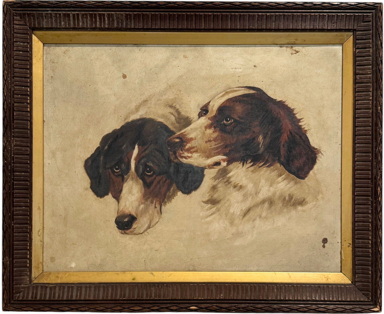 Antique English School Painting Of Dogs, Spaniels: Oil on canvas 17 x 13 in, 20.5 x 16.5 in (framed)