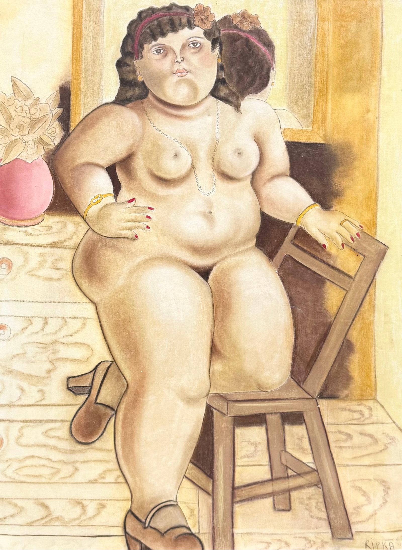 Large Fat Body Nude Style Of Botero Signed Ripka: Oil on canvas 48 x 36 in