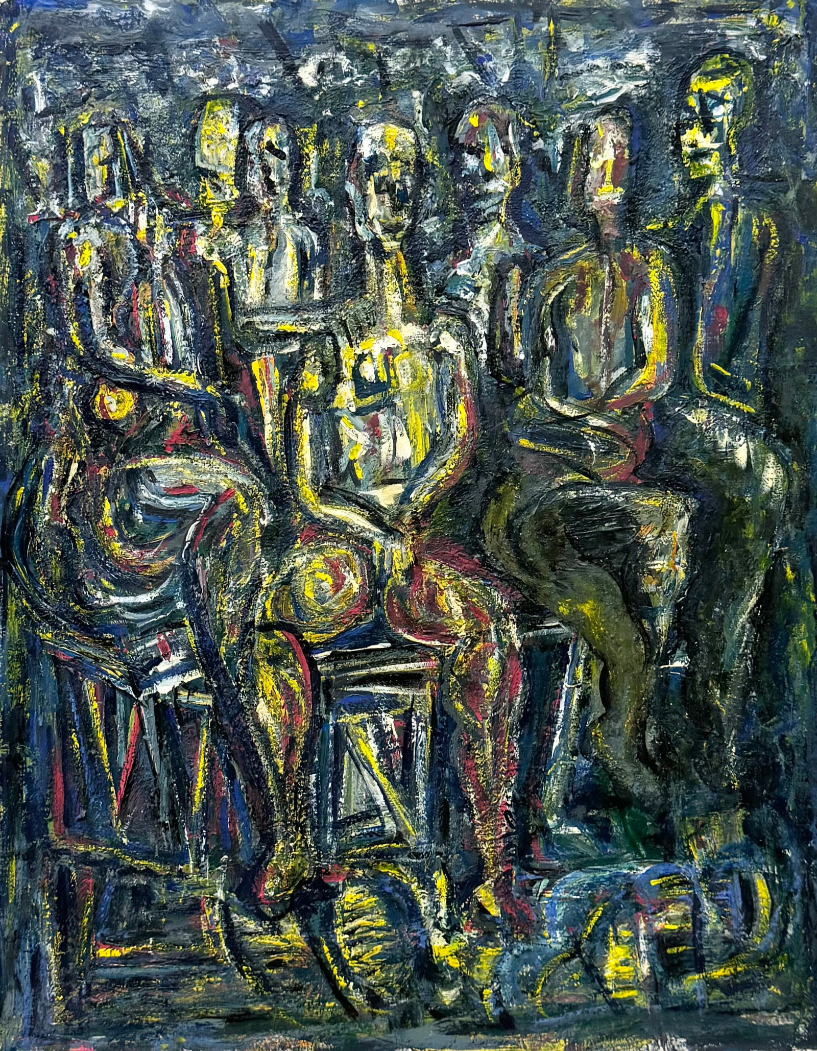 Vintage Modernist Abstract With A Crowd Of Figures, Unframed Acrylic On Paper: 28 x 22 in