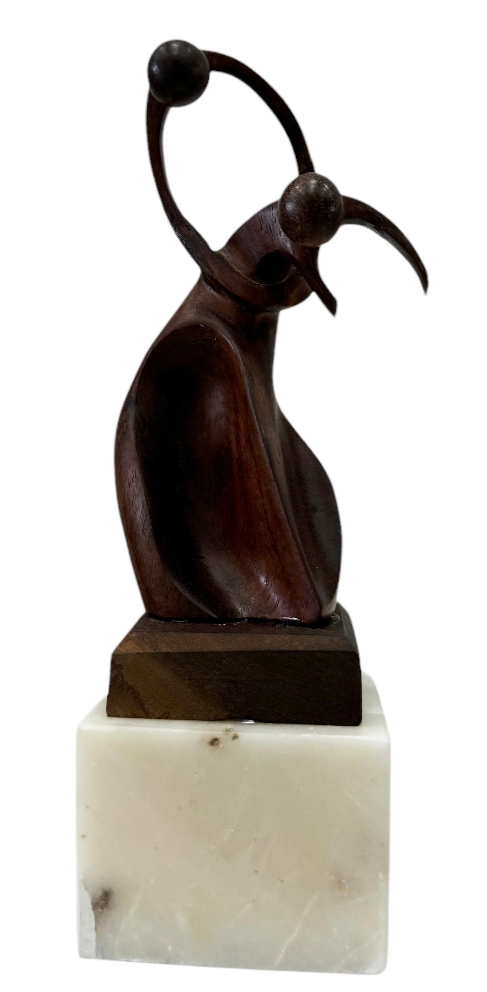 Mid-Century Modernist Carved Wood Sculpture On Marble Base: 13 in