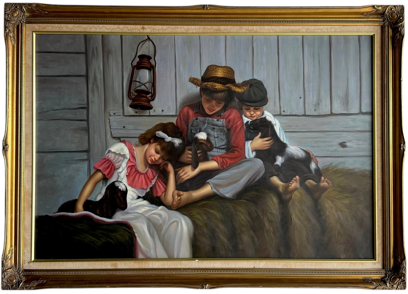 Decorative Painting Of Children & Animals, Signed: Oil on canvas 41.5 x 29.5 in (framed)