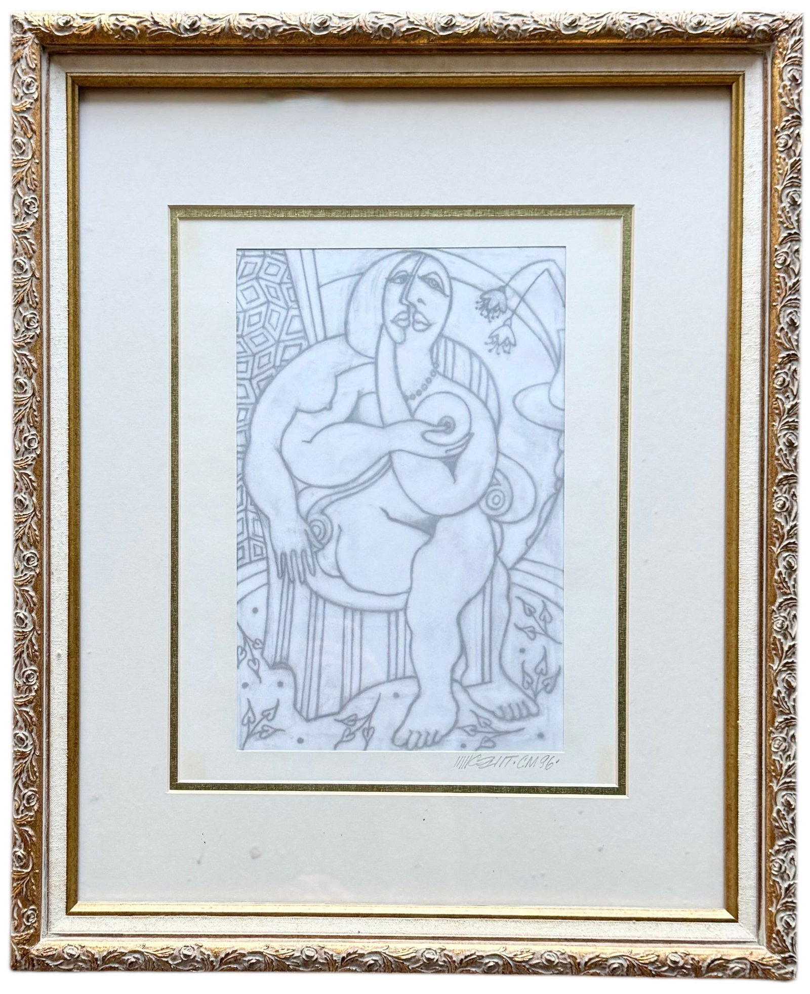 VINCENTE NOTARILE (20th c, American) Cubist Nude: Graphite drawing 22.5 x 18.5 in (framed)